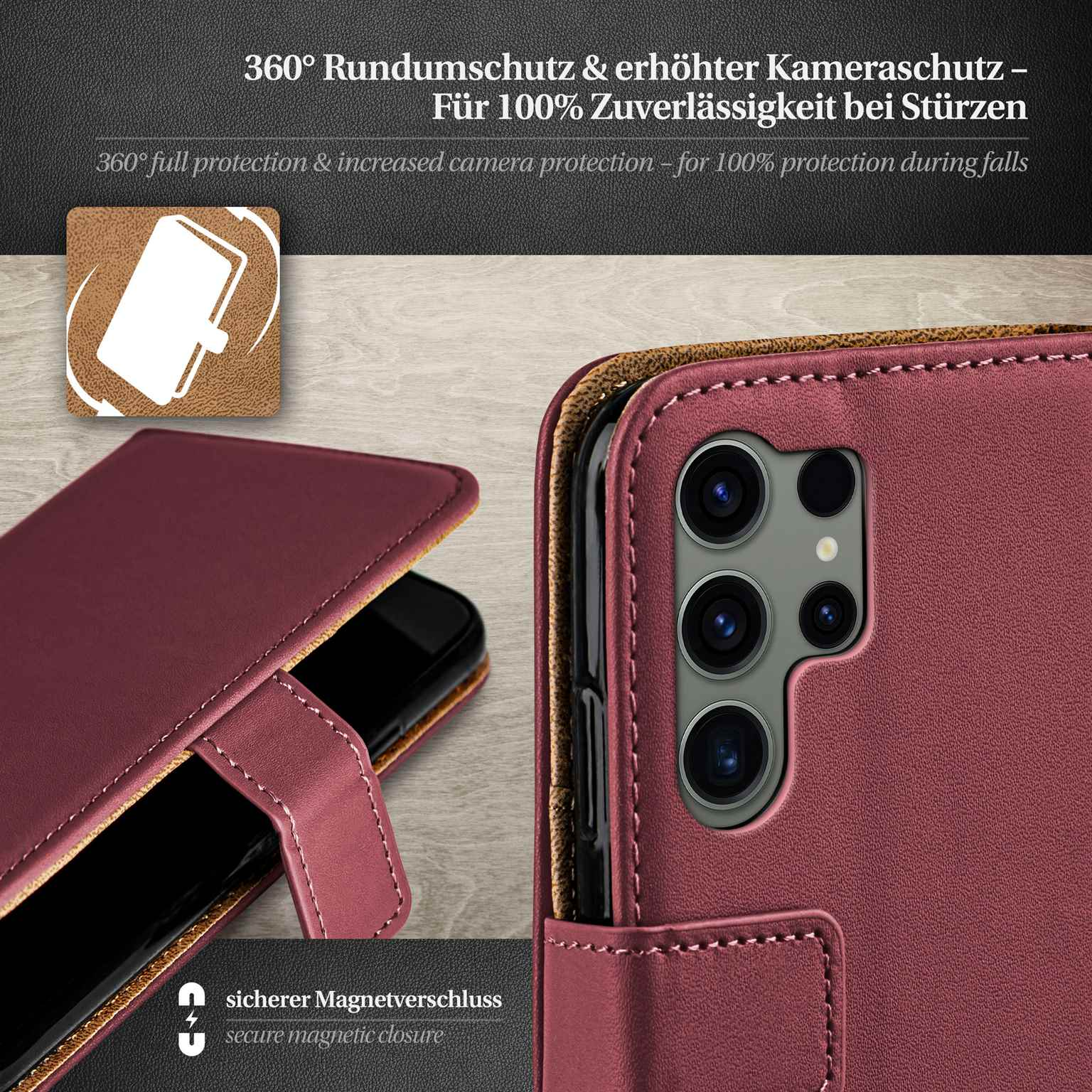 Ein Telefon in einer weinroten Hülle. Es zeigt einen sicheren Magnetverschluss und Kameraschutz.