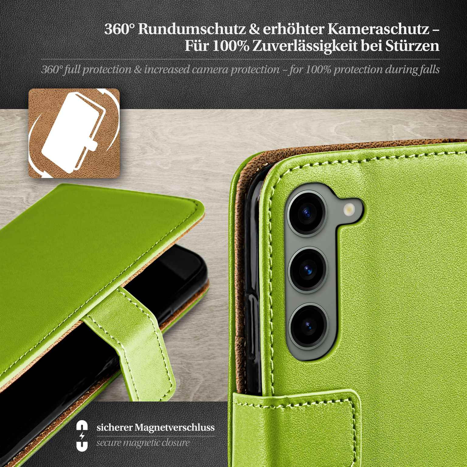 Grüne Handyhülle mit einem Telefon darin. Ein Magnetverschluss ist sichtbar. Der Hintergrund ist braun und grün.