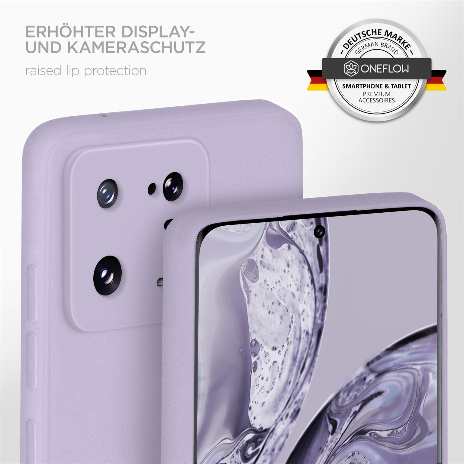 Lila Handyhülle mit Telefon. Text: erhöhter Displayschutz. Markenlogo im Hintergrund.