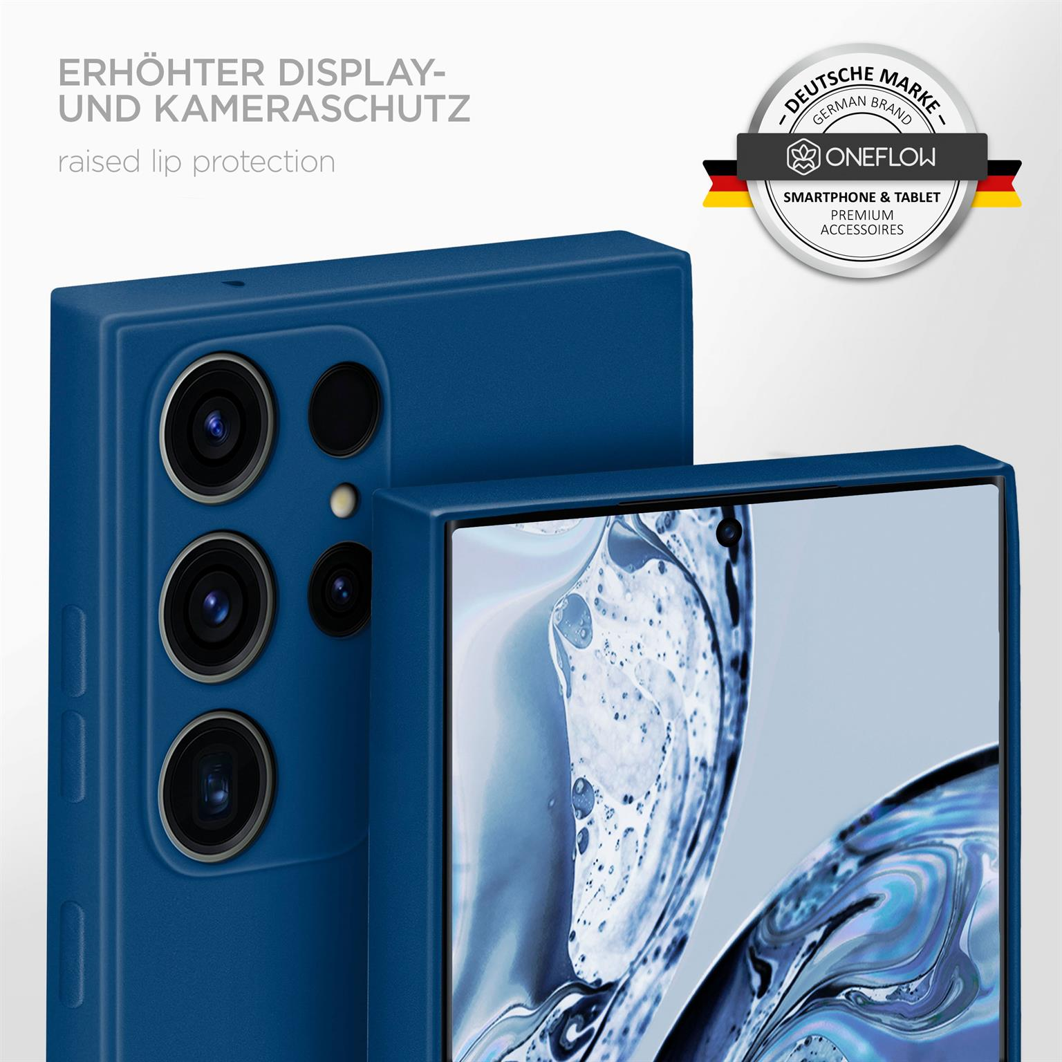 Nahaufnahme einer blauen Handyhülle mit Telefon. Erhöhter Kameraschutz.