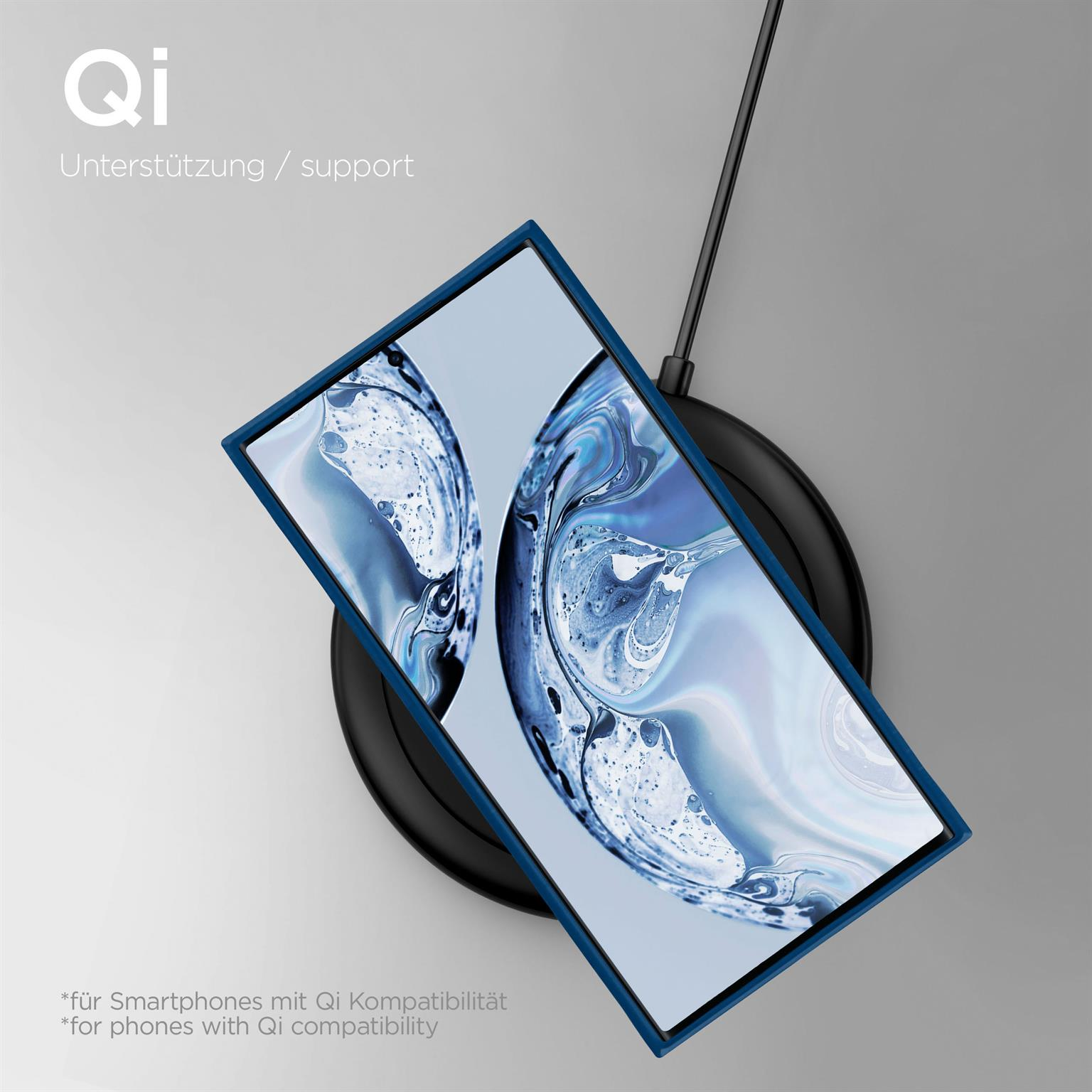 Blaue Handyhülle und kabelloses Ladegerät. Text: Qi-Unterstützung.