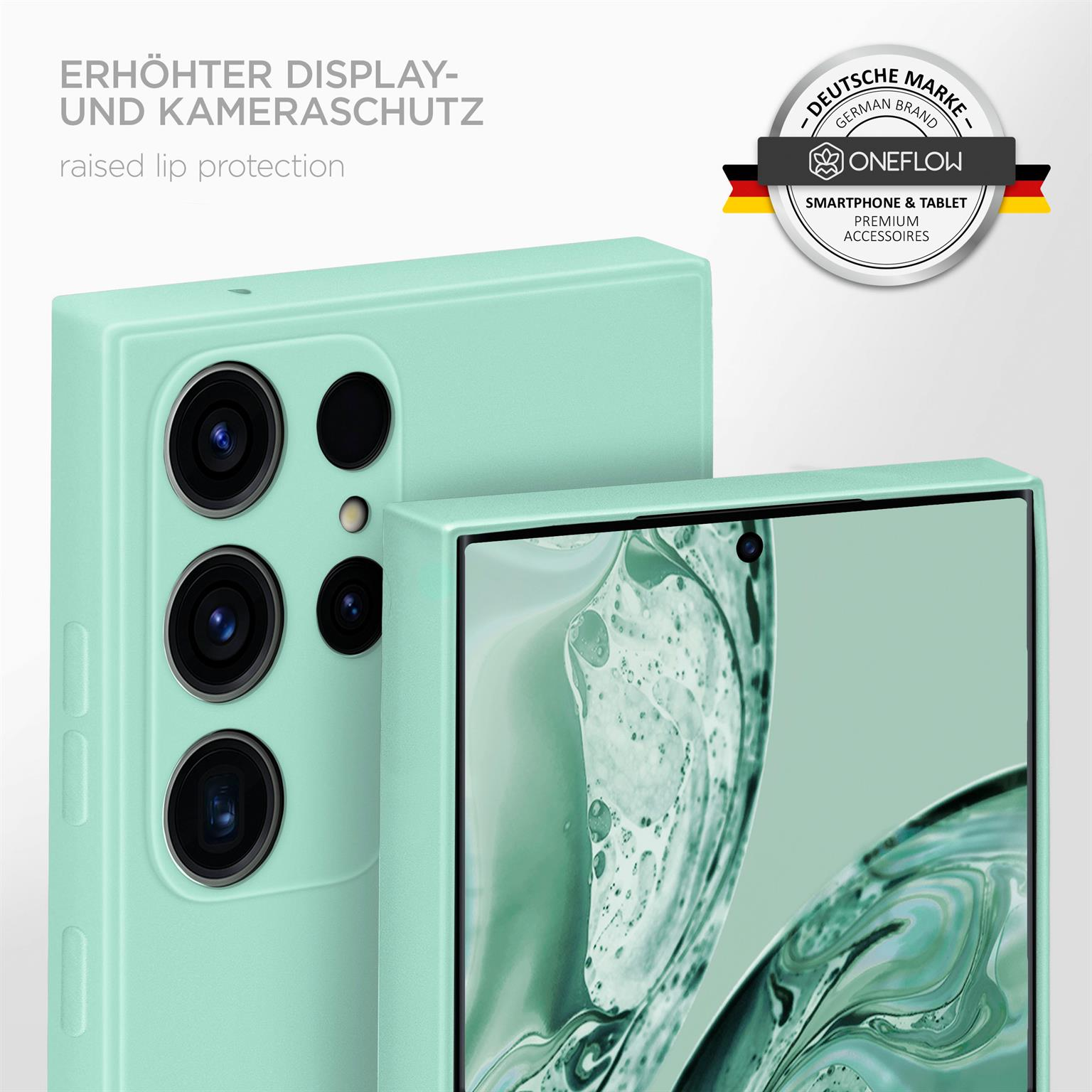 Minzgrüne Handyhülle mit erhöhtem Kameraschutz um ein Telefon, mit einem deutschen Markenlogo.