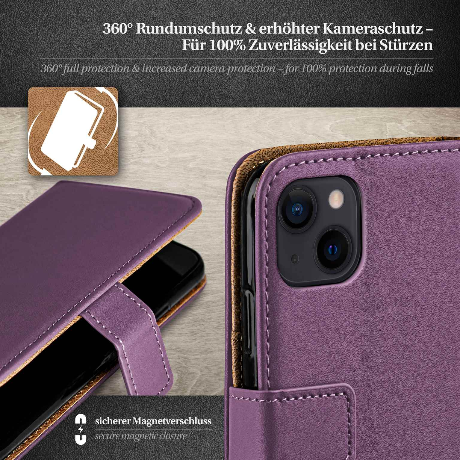 Lila Handyhülle geöffnet, Telefon innen. Text oben und unten. Kameralinse sichtbar.