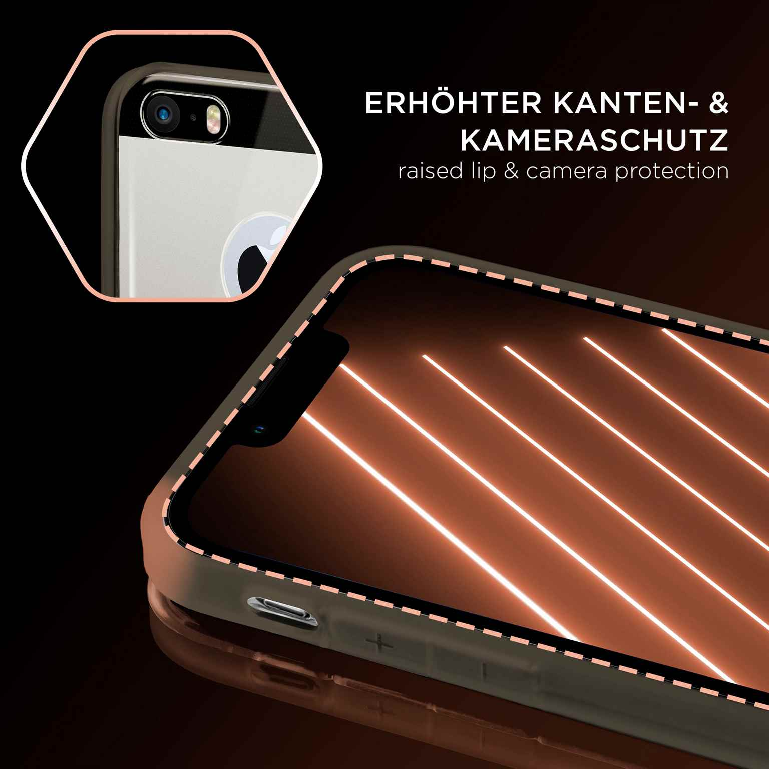 Nahaufnahme eines Telefons mit Hülle. Detaillierte Ansicht von erhöhten Kanten, Kameraschutz und Gehäusedesign.