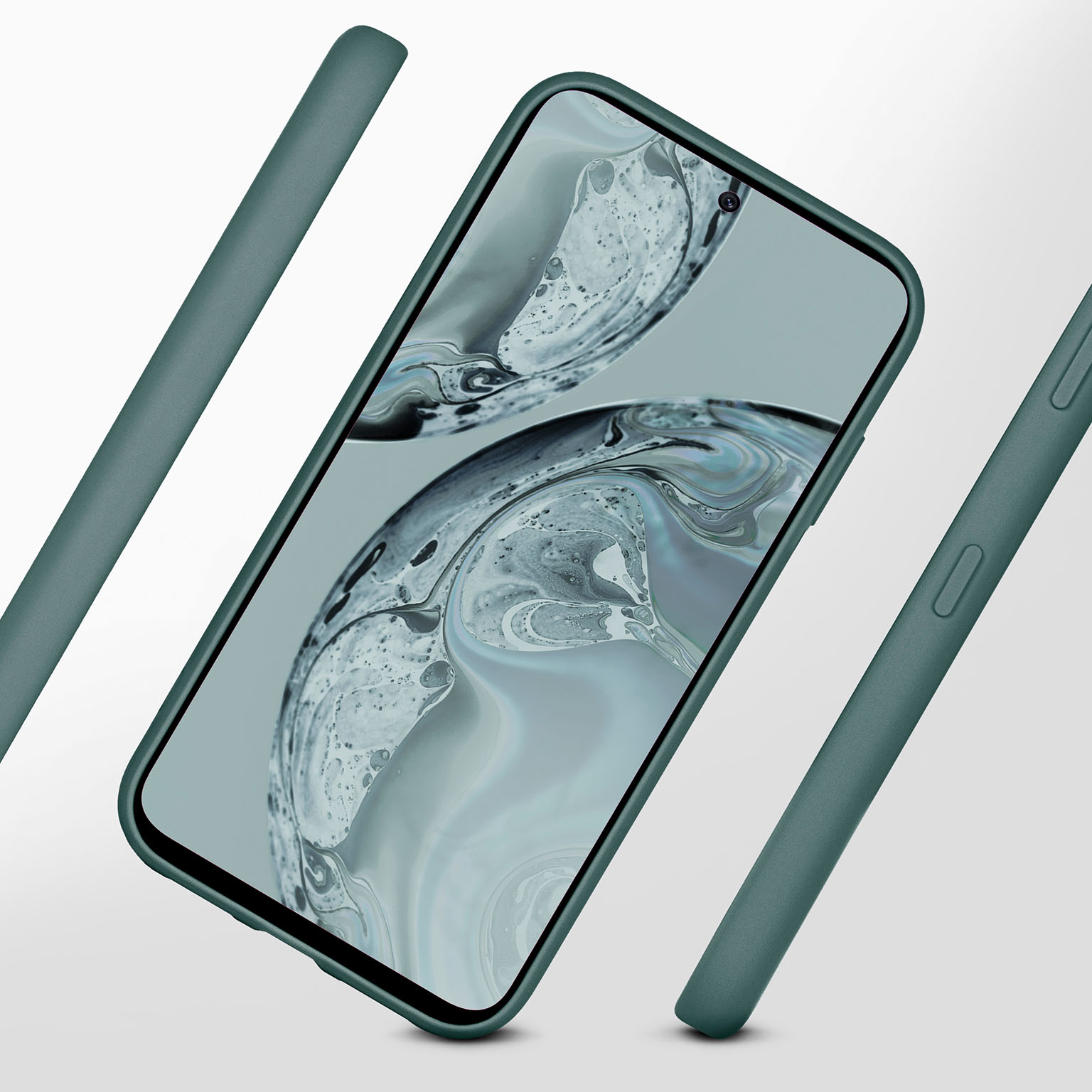 Ein Telefon in einem grünen Case. Case und Telefon sind angewinkelt. Text: Ultra dünn und komfortabel.