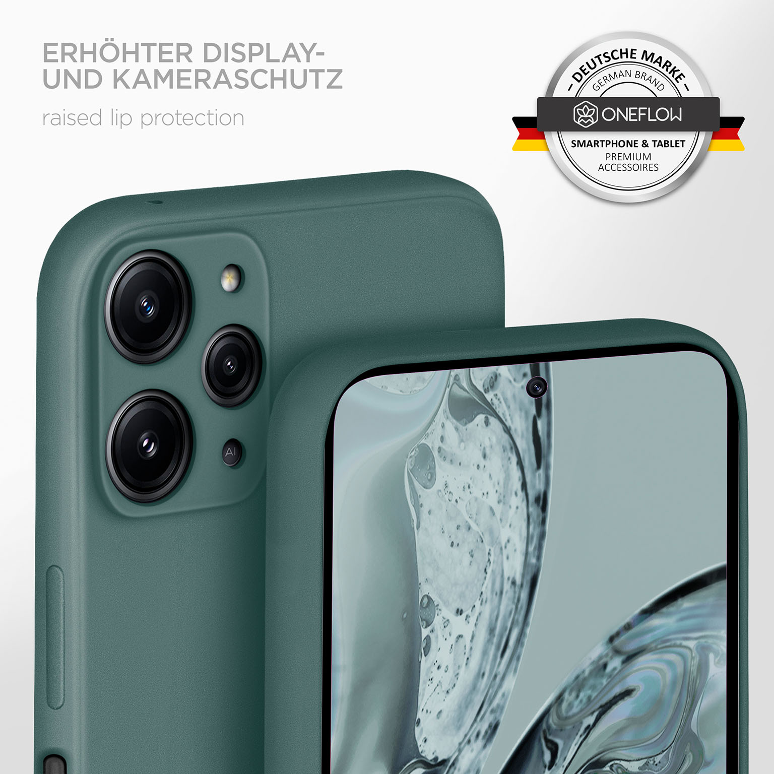Grünes Telefon in einer Hülle. Weißer Hintergrund. Text: Erhöhter Lippenschutz. Deutsches Markenlogo. Dunkelgrüne Hülle.