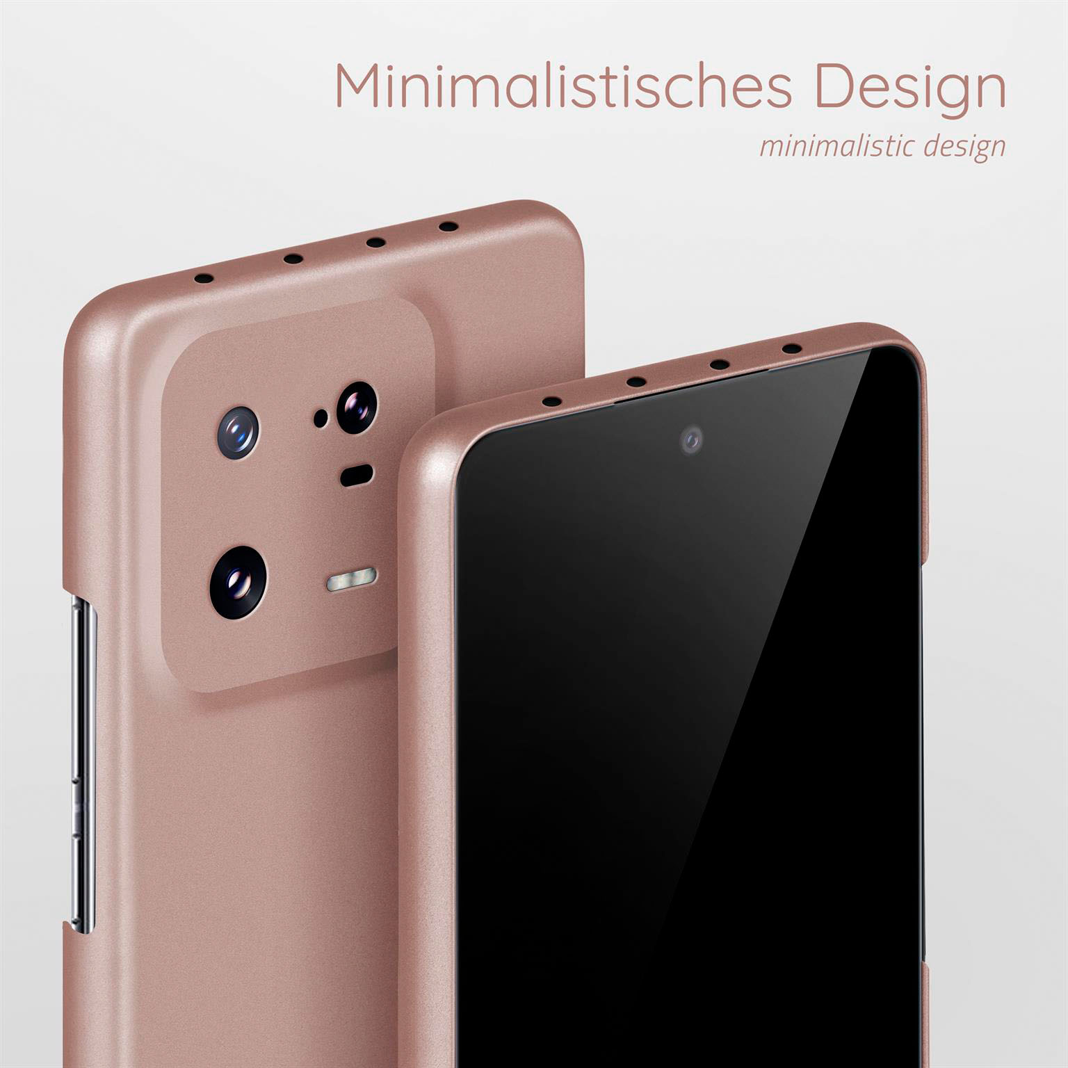 Zwei Telefone mit roségoldenen Hüllen. Text ist im Hintergrund sichtbar. Die Hülle wird angezeigt.