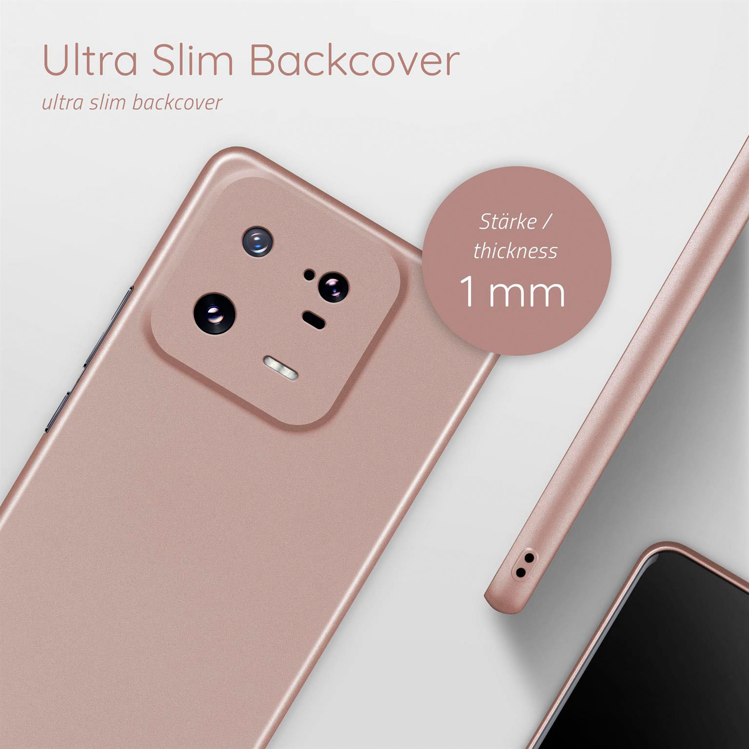 Ein Telefon mit einer roségoldenen Hülle. Ein Hüllenteil liegt daneben.