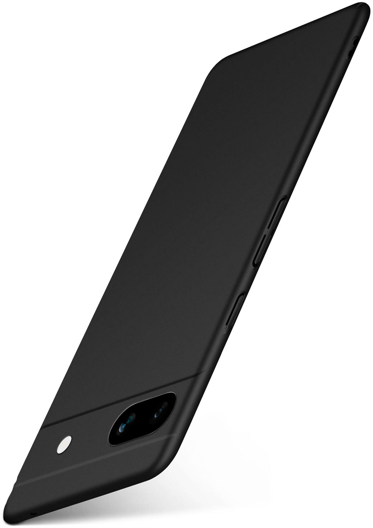 Schwarzes Telefon in schwarzer Hülle. Das Telefon ist diagonal angewinkelt, Kamera und Knöpfe sichtbar.