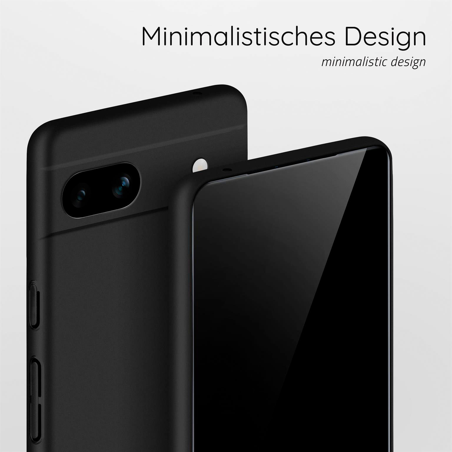 Schwarzes Telefon in schwarzer Hülle. Minimalistisches Design, Nahaufnahme. Schlichter Hintergrund.