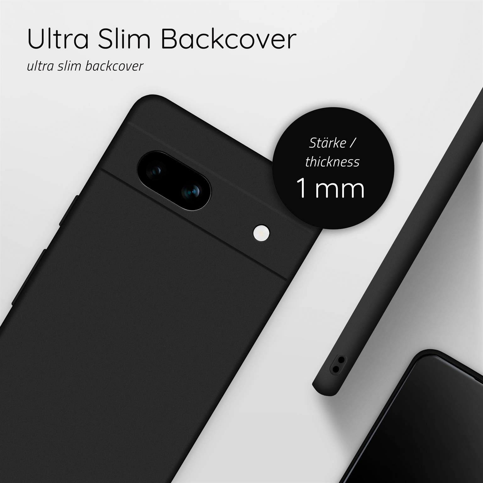 Schwarze Handyhülle mit 1mm Dickenanzeige.