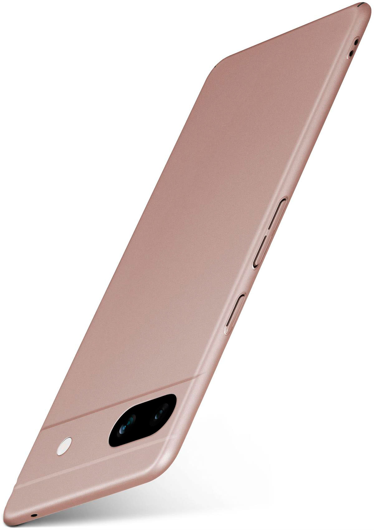 Roségoldene Handyhülle, abgewinkelt. Telefon hat zwei Kameras und Blitz. Glatte Oberfläche.