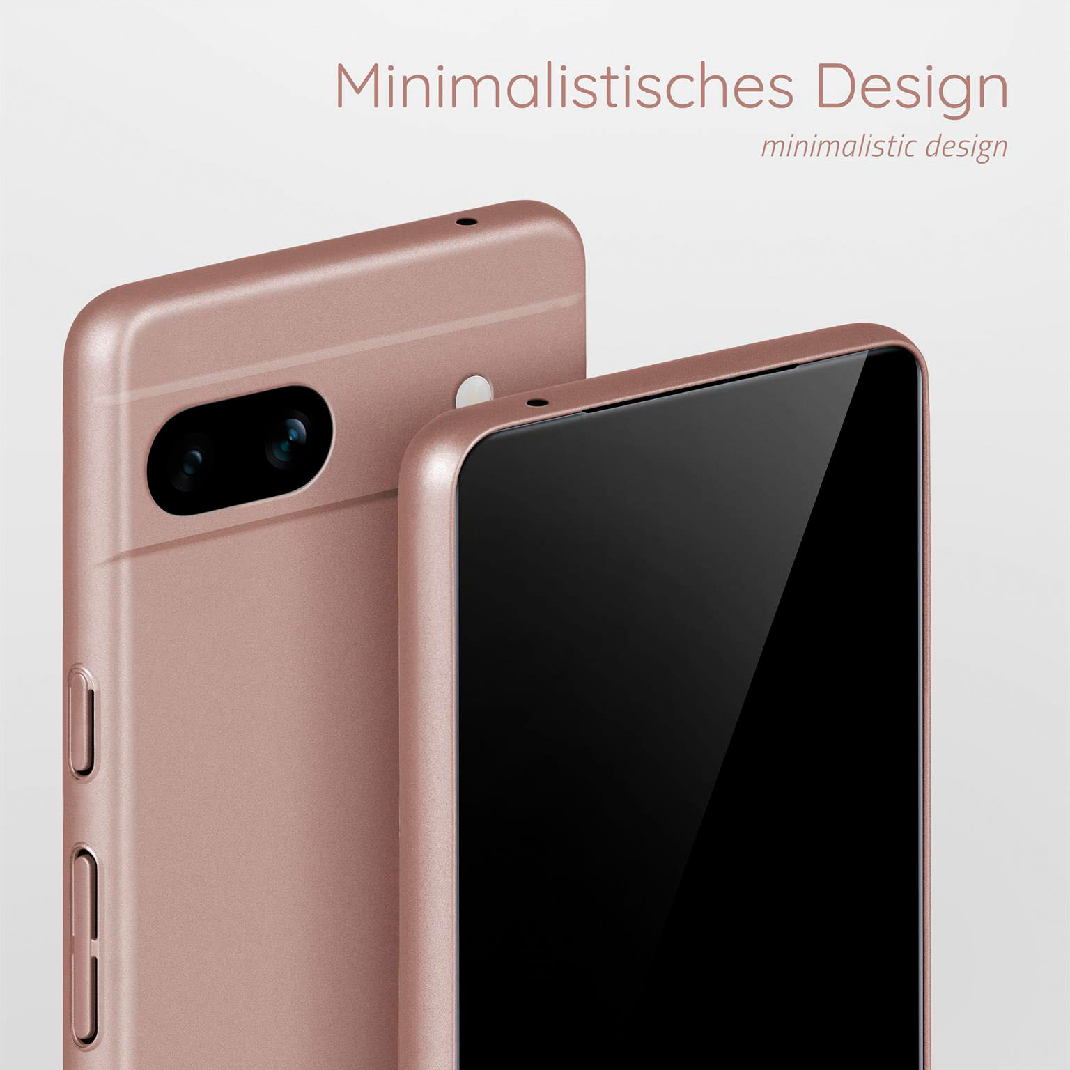 Zwei rosa Handyhüllen. Eine mit Kamera, die andere ohne, vor hellem Hintergrund, mit minimalistischem Design-Text.