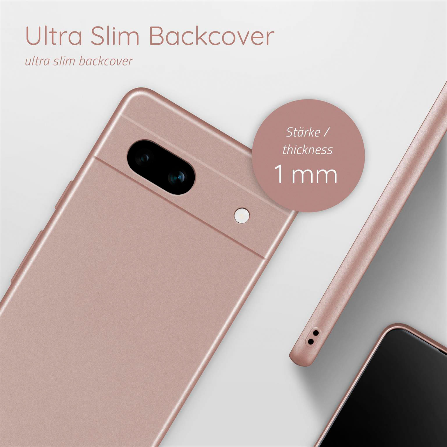 Nahaufnahme einer Handyhülle in Roségold. Ein Kreis zeigt 1 mm Dicke an.
