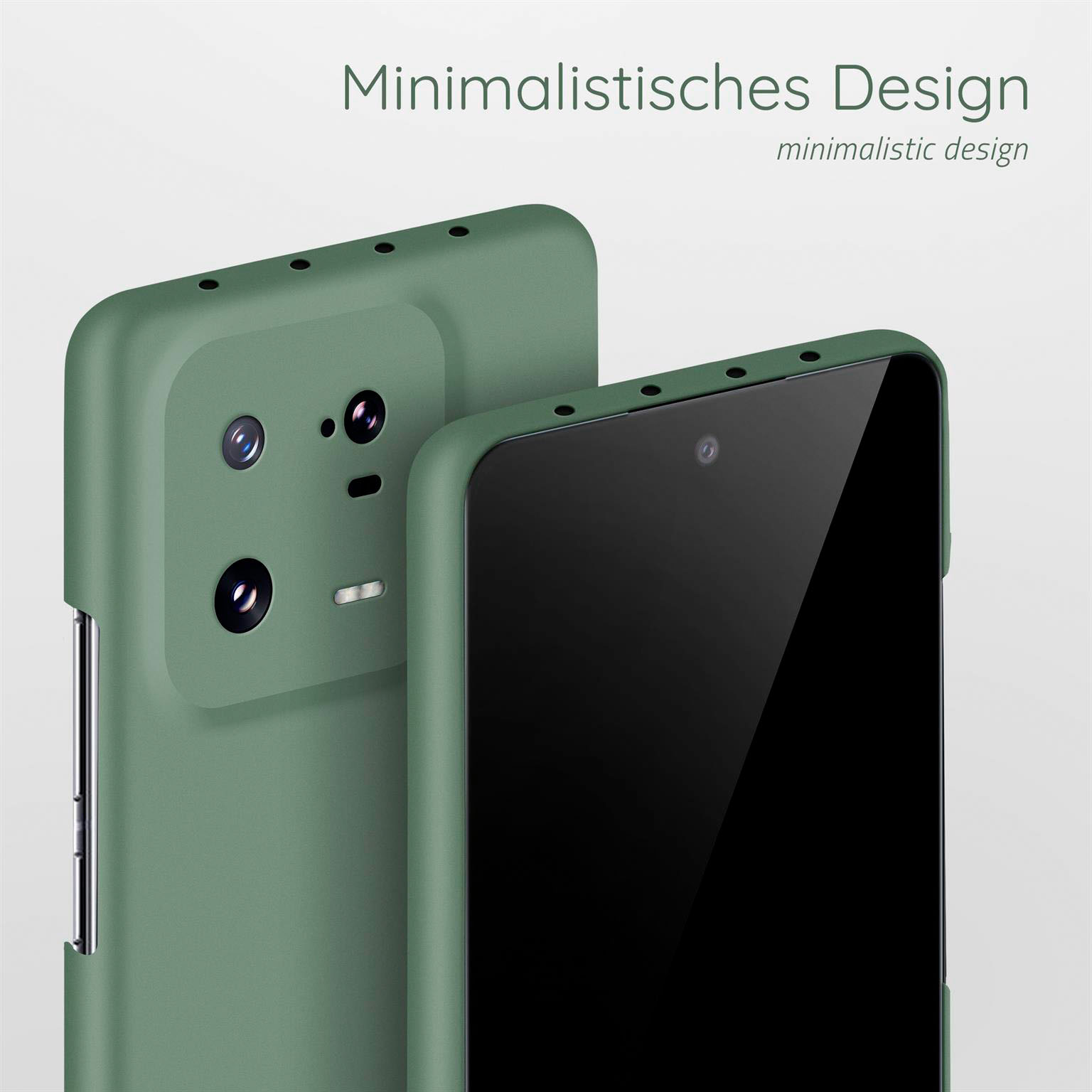 Grüne Handyhülle mit zwei Kameras. Ein Telefon ist sichtbar, mit schwarzem Bildschirm.