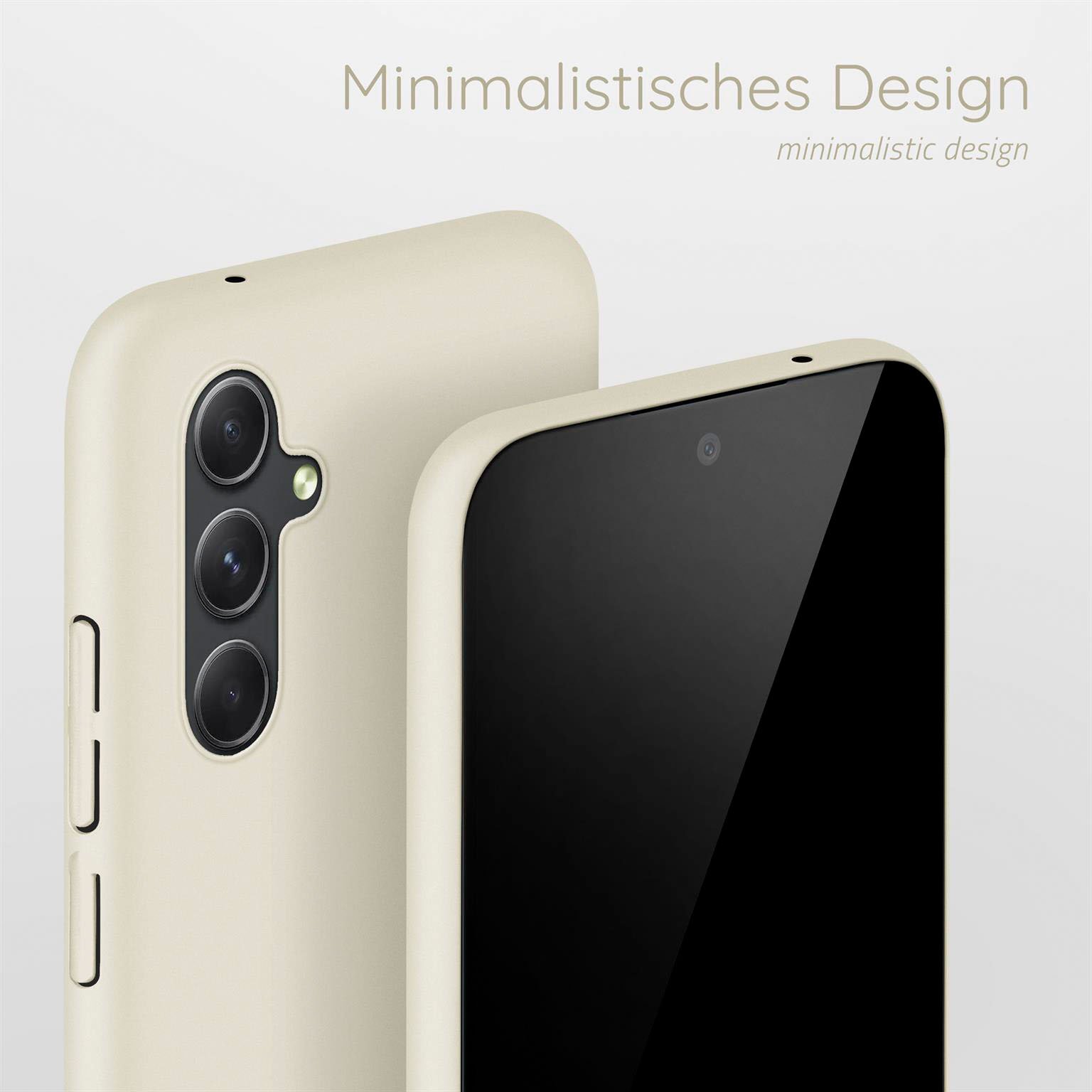 Beige Handyhülle mit einem Telefon. Der Bildschirm des Telefons ist schwarz.