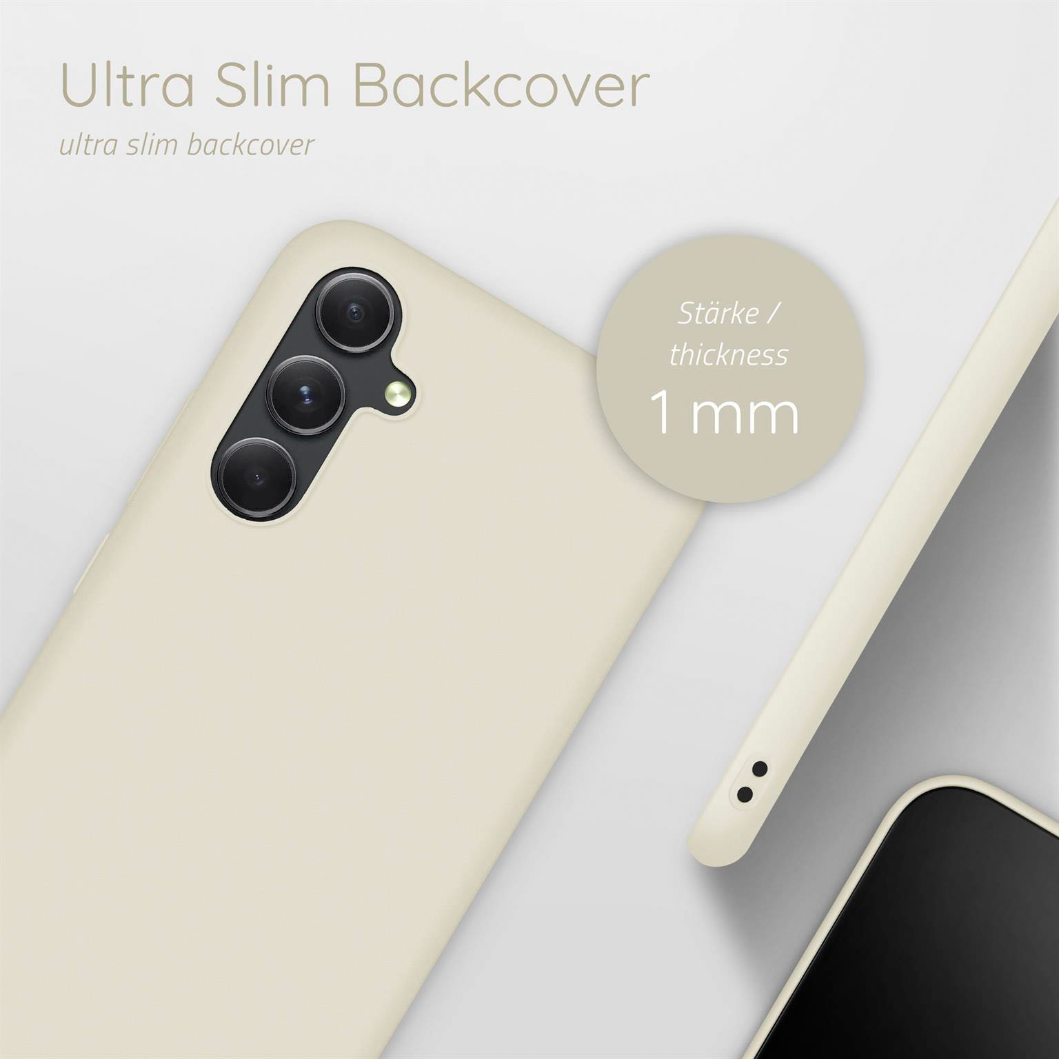 Beige Handyhülle mit Handy. Die Hülle ist ultradünn und 1 mm dick.