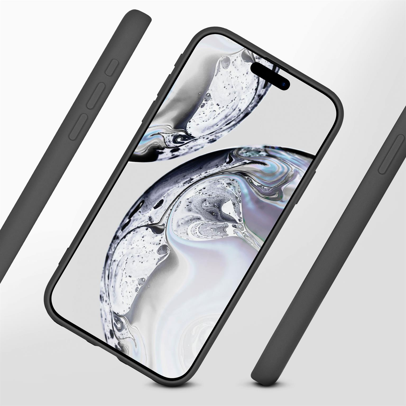 Schwarze Handyhülle mit einem Telefon darin. Die Hülle ist offen. Winkelaufnahme.