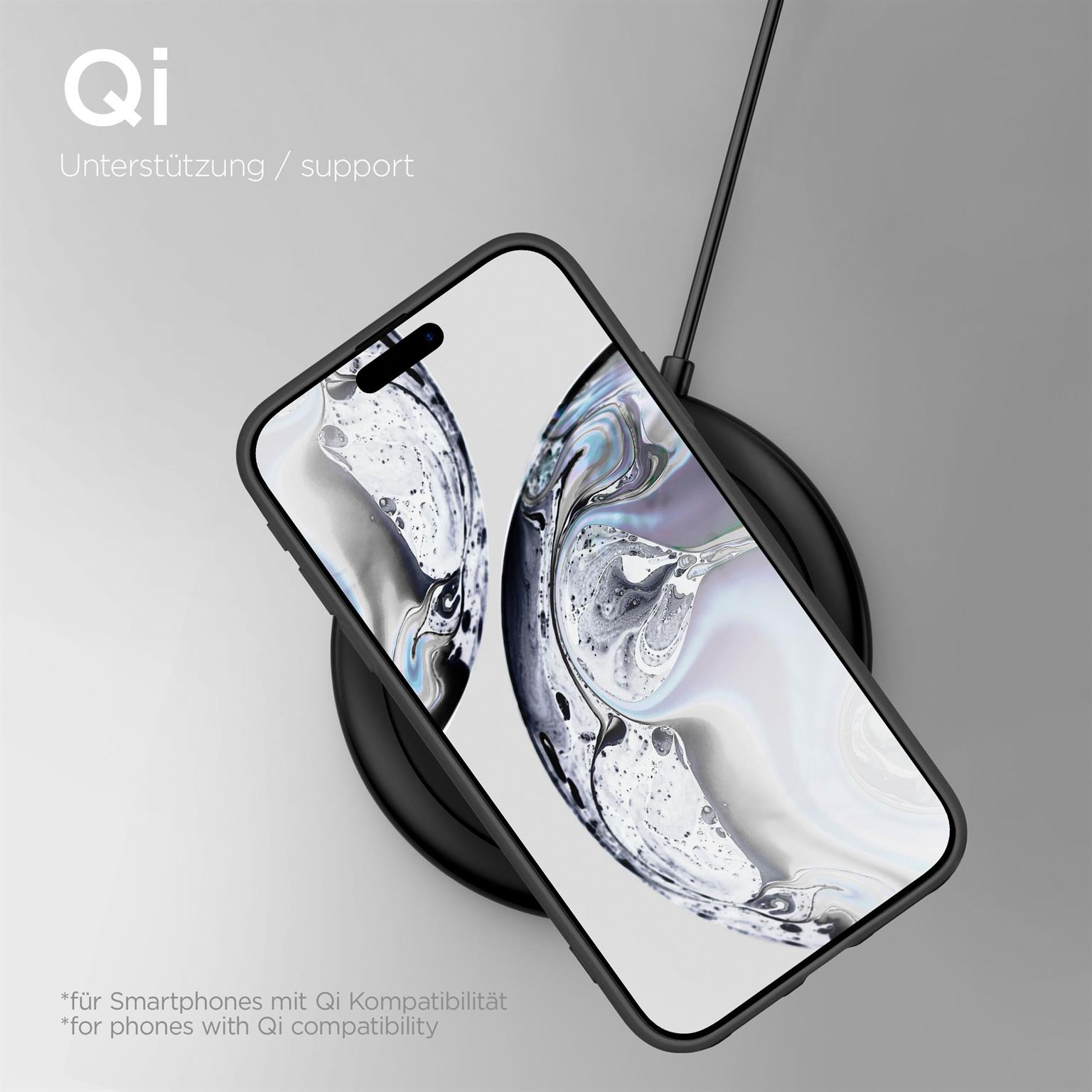 Ein Telefon in schwarzem Gehäuse auf einem Qi-Ladegerät, mit weißem Hintergrund.