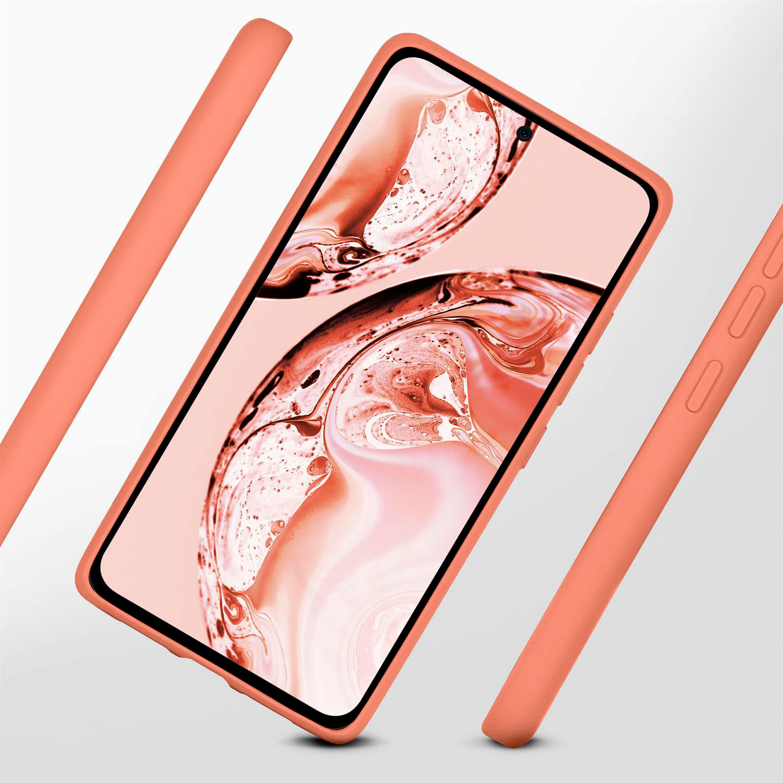 Eine orangefarbene Handyhülle und ein Telefon. Der Bildschirm zeigt abstrakte Kunst. Die Hülle ist von Balken umgeben.