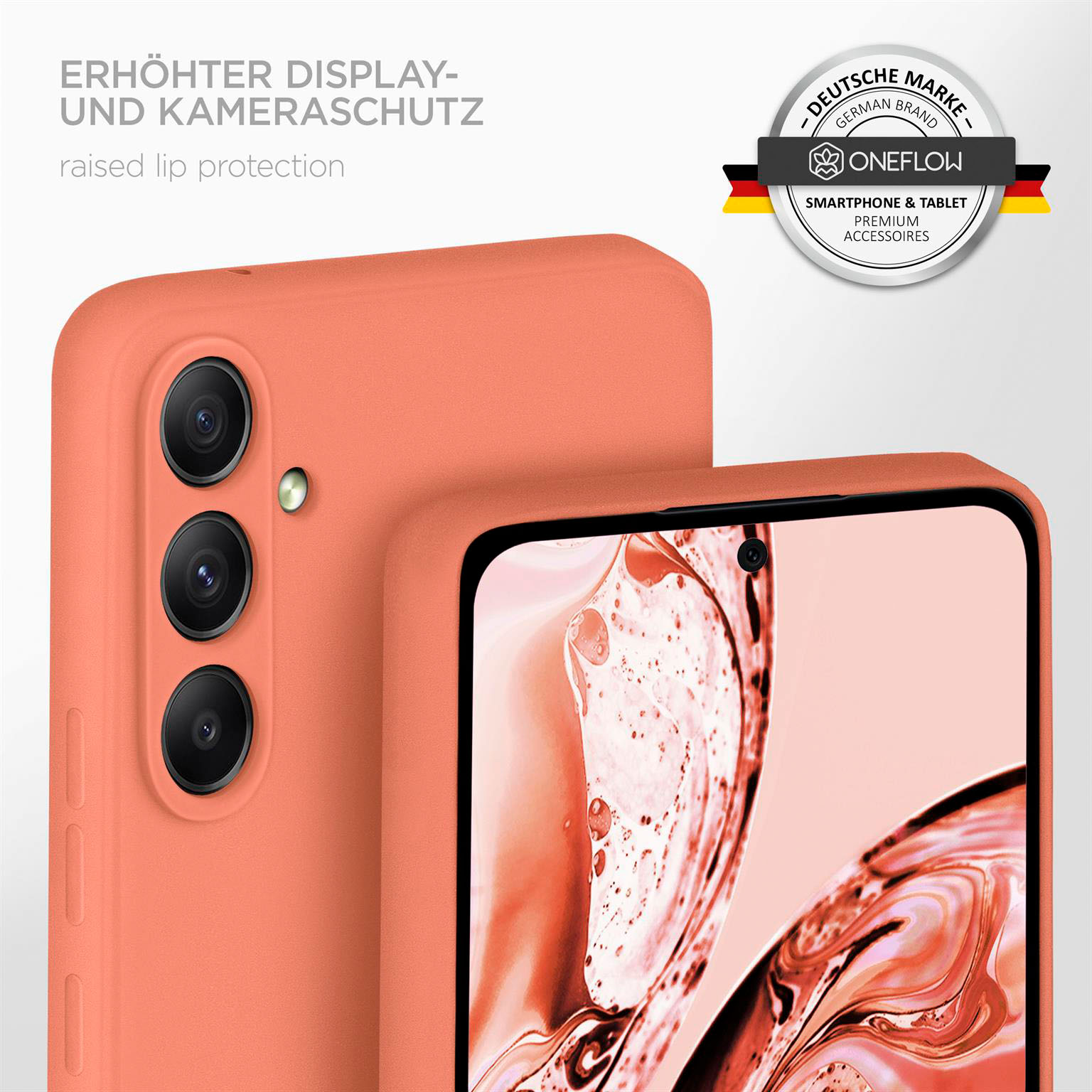 Korallenfarbene Handyhülle, erhöhter Displayschutz. Telefon mit Dreifachkamera.