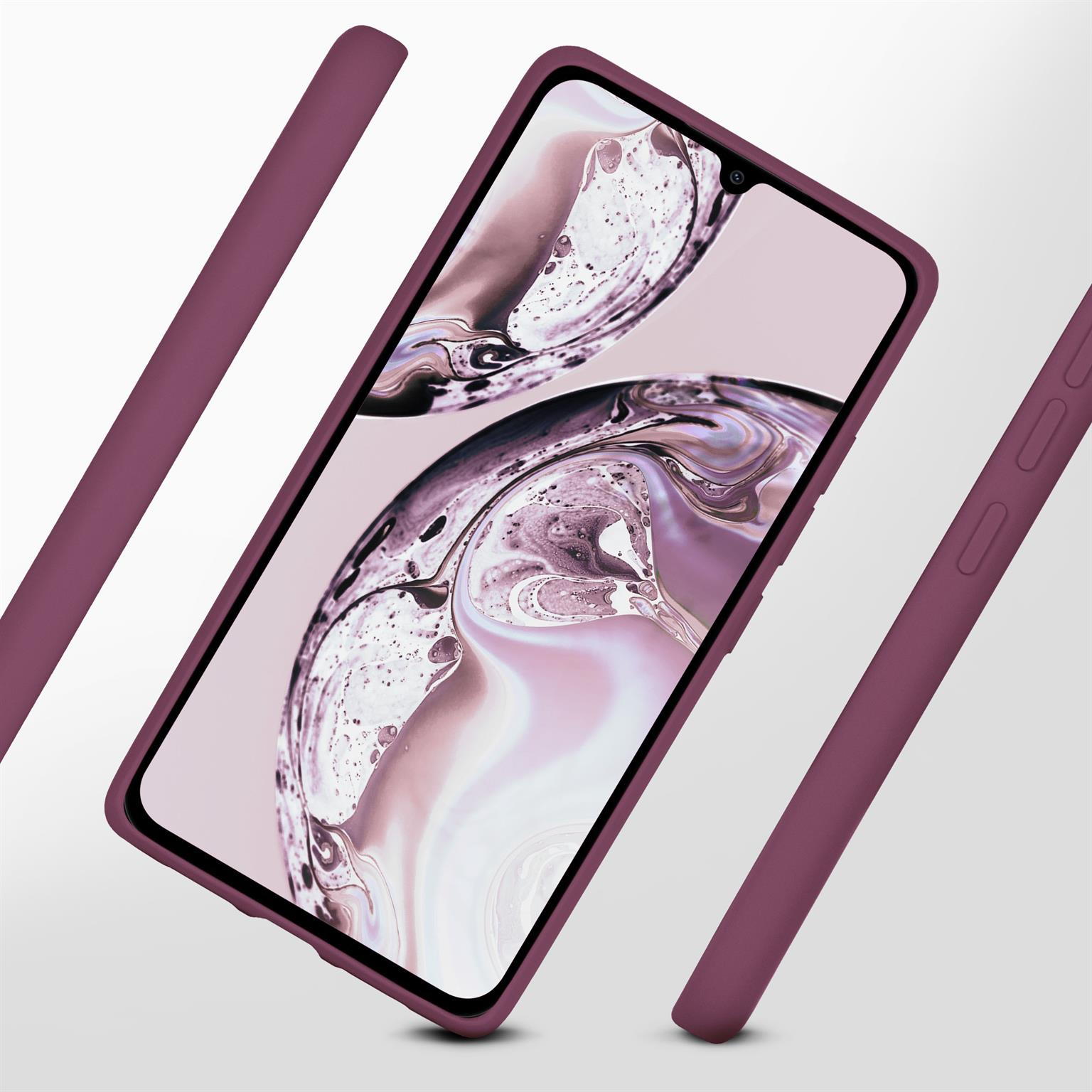 Burgunderfarbene Handyhülle mit Handy-Display. Zwei burgunderfarbene Stäbe befinden sich auf beiden Seiten des Displays. Weißer Hintergrund.