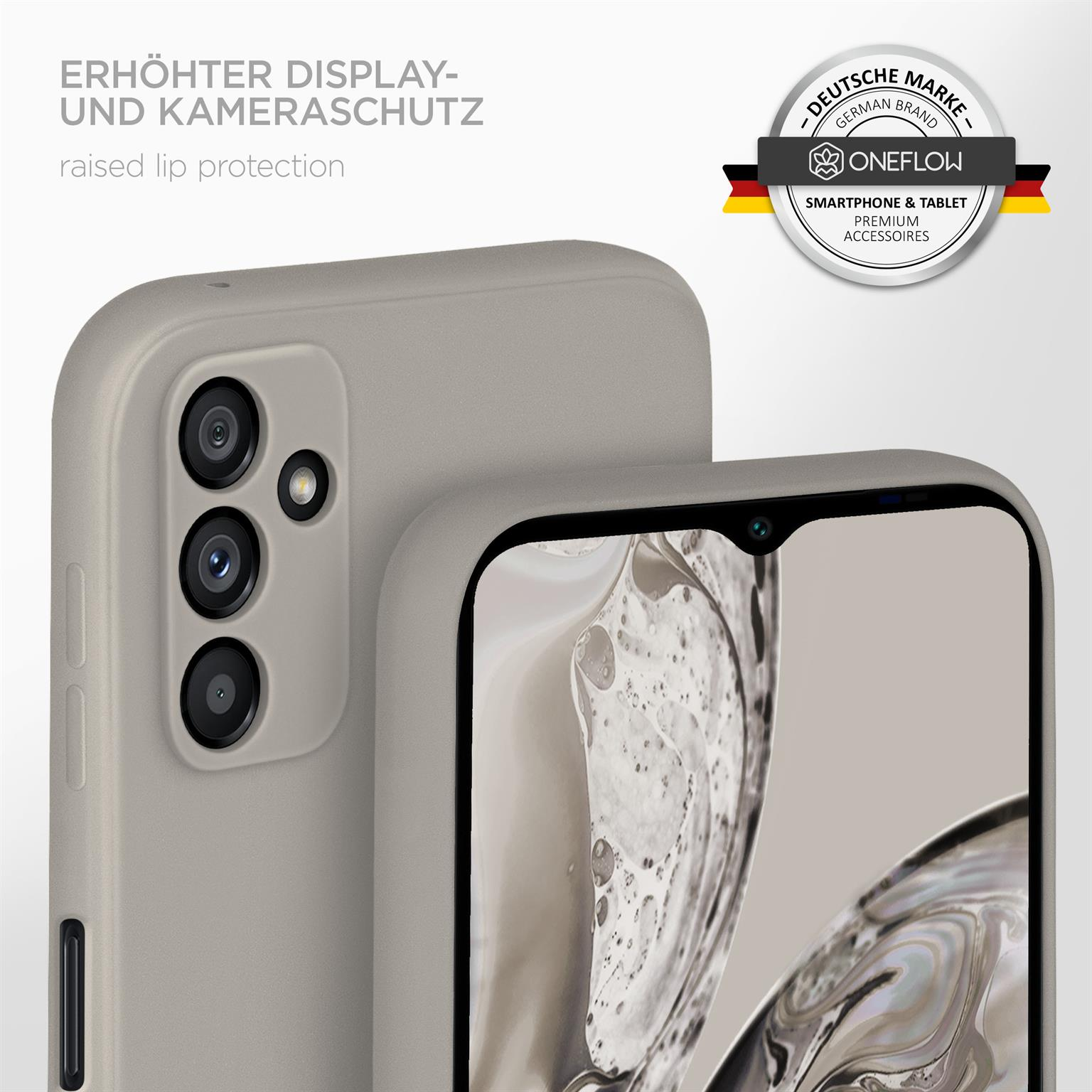Graue Handyhülle mit einem Telefon. Das Logo ist auf der rechten Seite der Hülle sichtbar.