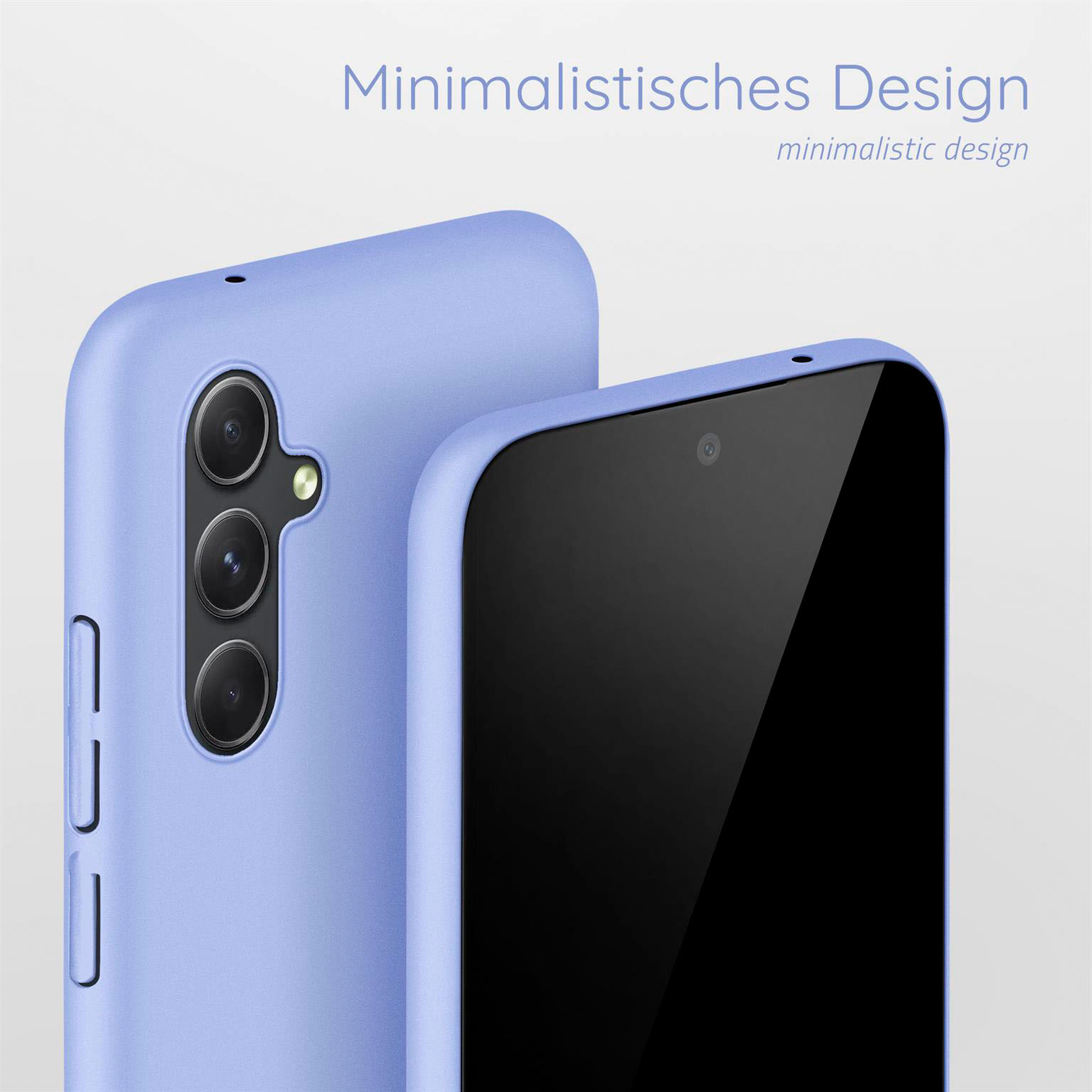 Zwei hellblaue Handyhüllen. Eine Hülle mit Kamera- und Blitzöffnungen. Minimalistisches Design.