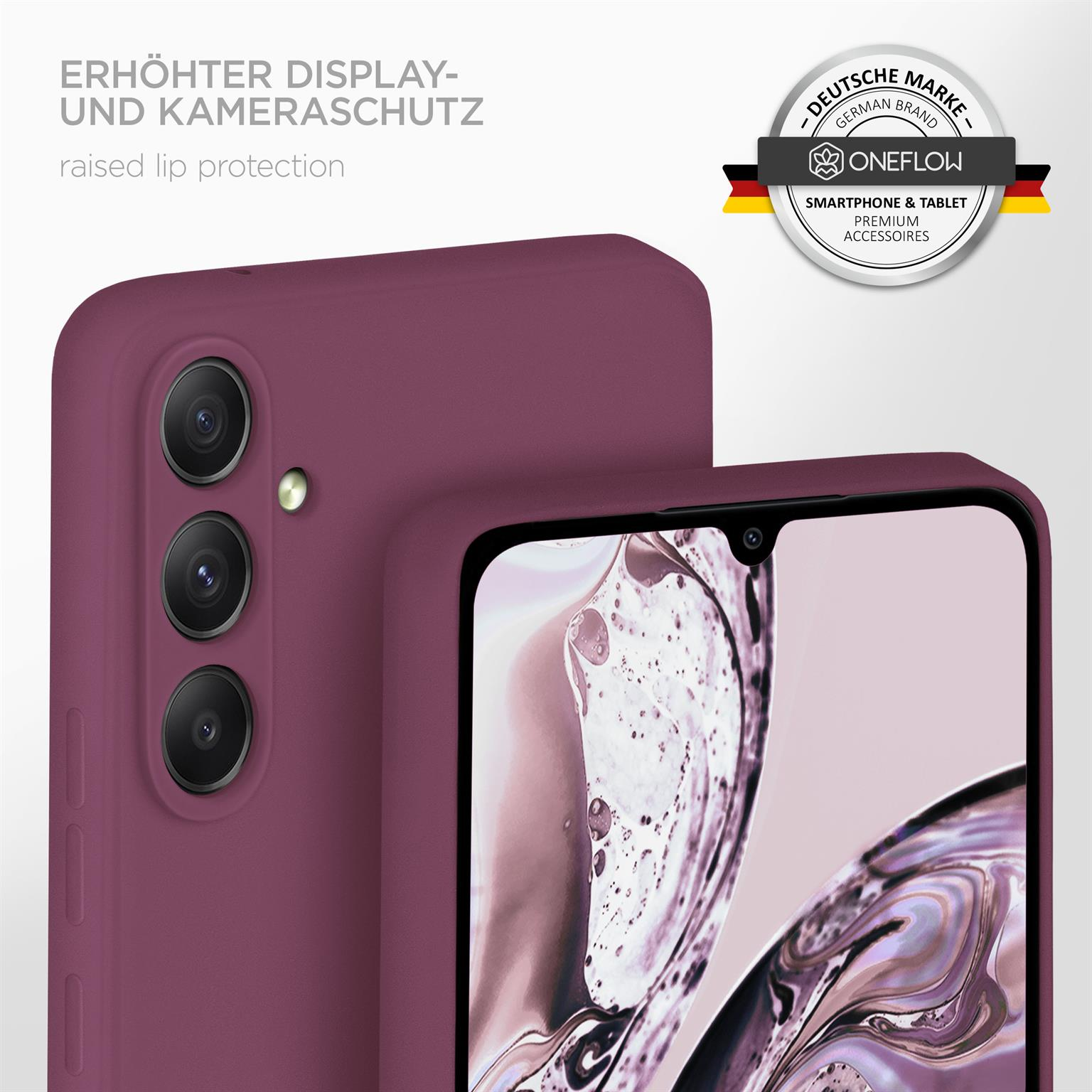 Burgunderfarbene Handyhülle, die ein Telefon schützt, mit Logo und Nahaufnahme der Kanten.