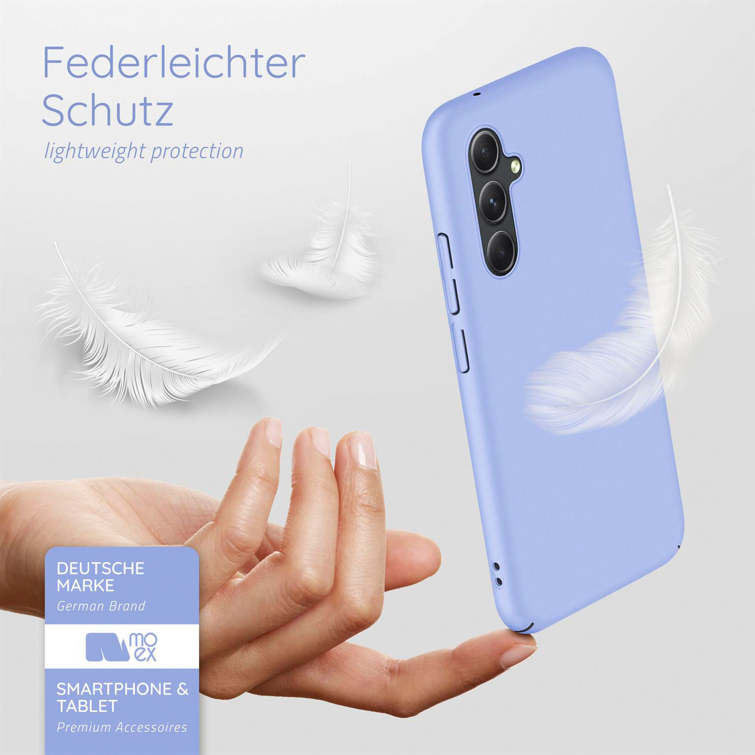 Blaue Handyhülle mit Federn. Text: federleichter Schutz.