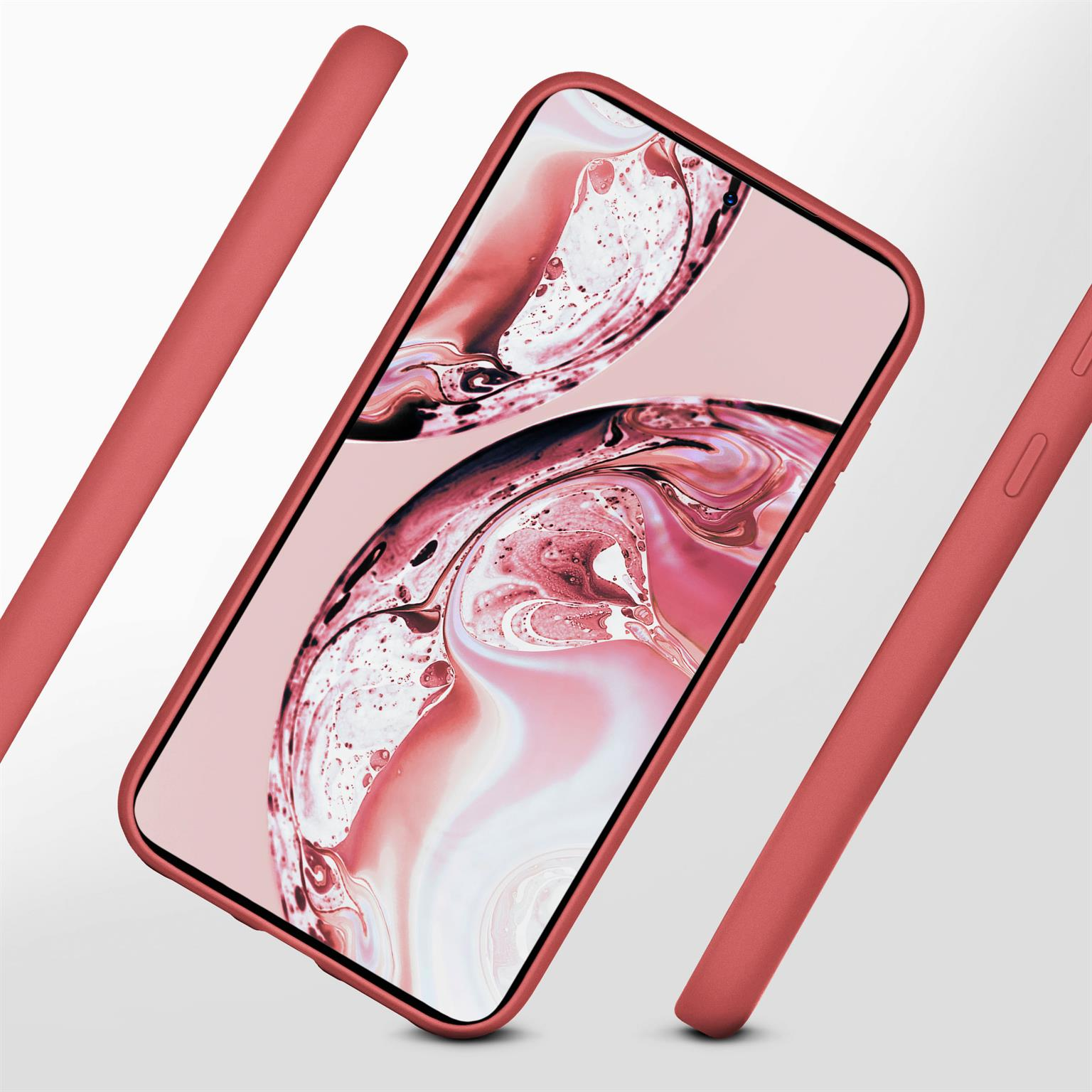 Eine rote Handyhülle. Teile der Hülle werden um einen Telefonbildschirm herum angezeigt.