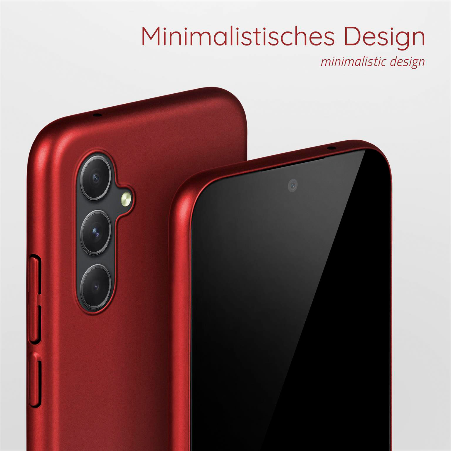 Zwei rote Handyhüllen, eine leicht hinter der anderen. Text: Minimalistisches Design.