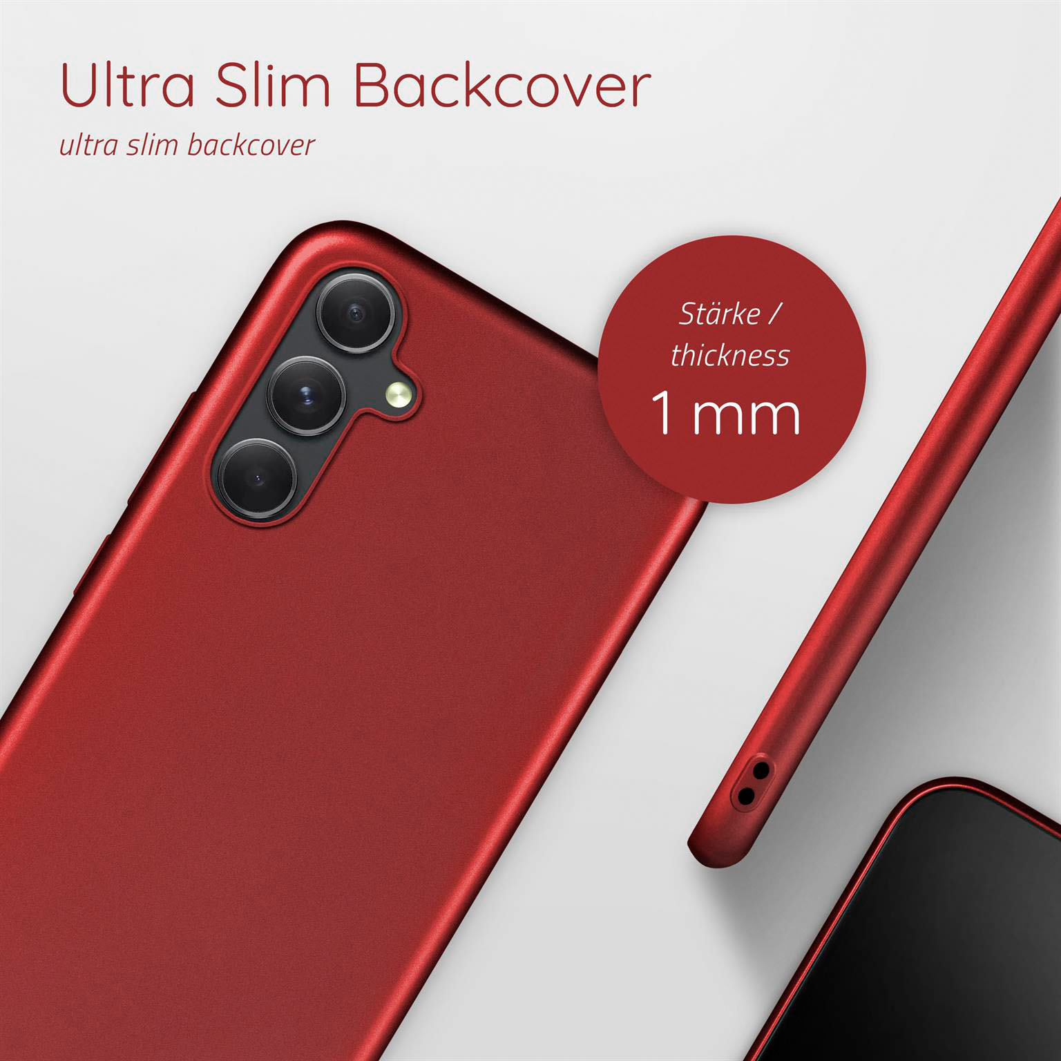 Eine rote Handyhülle mit einem Telefon und einer Dickenanzeige.