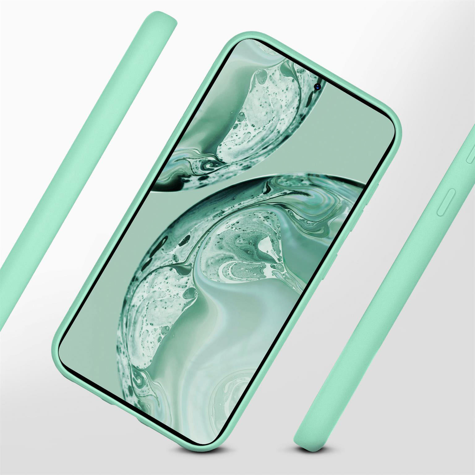 Minzgrüne Handyhülle mit sichtbarem Bildschirm. Gebogene Linien. Gehäuseteile um das Telefon positioniert.