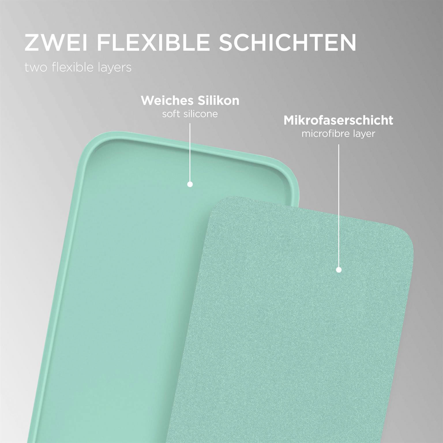 Zweischichtige Handyhülle: weiches Silikon und eine Mikrofaser-Schicht, in hellgrünen Farben.