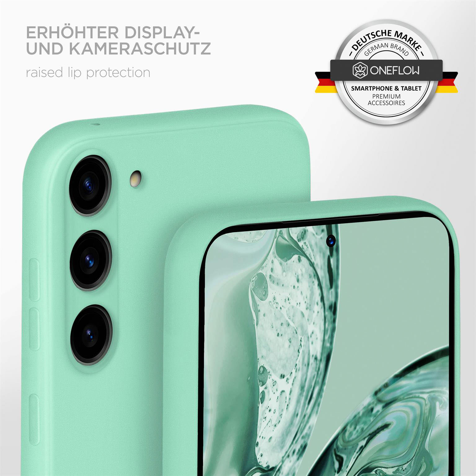Minzgrüne Handyhülle mit Telefon und Logo. Text: 'erhöhter Displayschutz'.