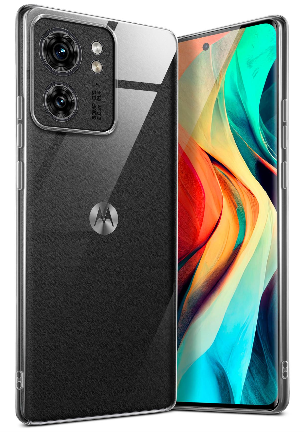 Motorola-Telefon in transparenter Hülle mit schwarzen Details und Displayschutz.