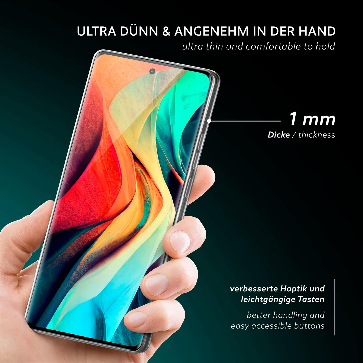 Hand hält Telefon mit klarer Hülle. Text: Ultradünn & angenehm zu halten. 1 mm dick.