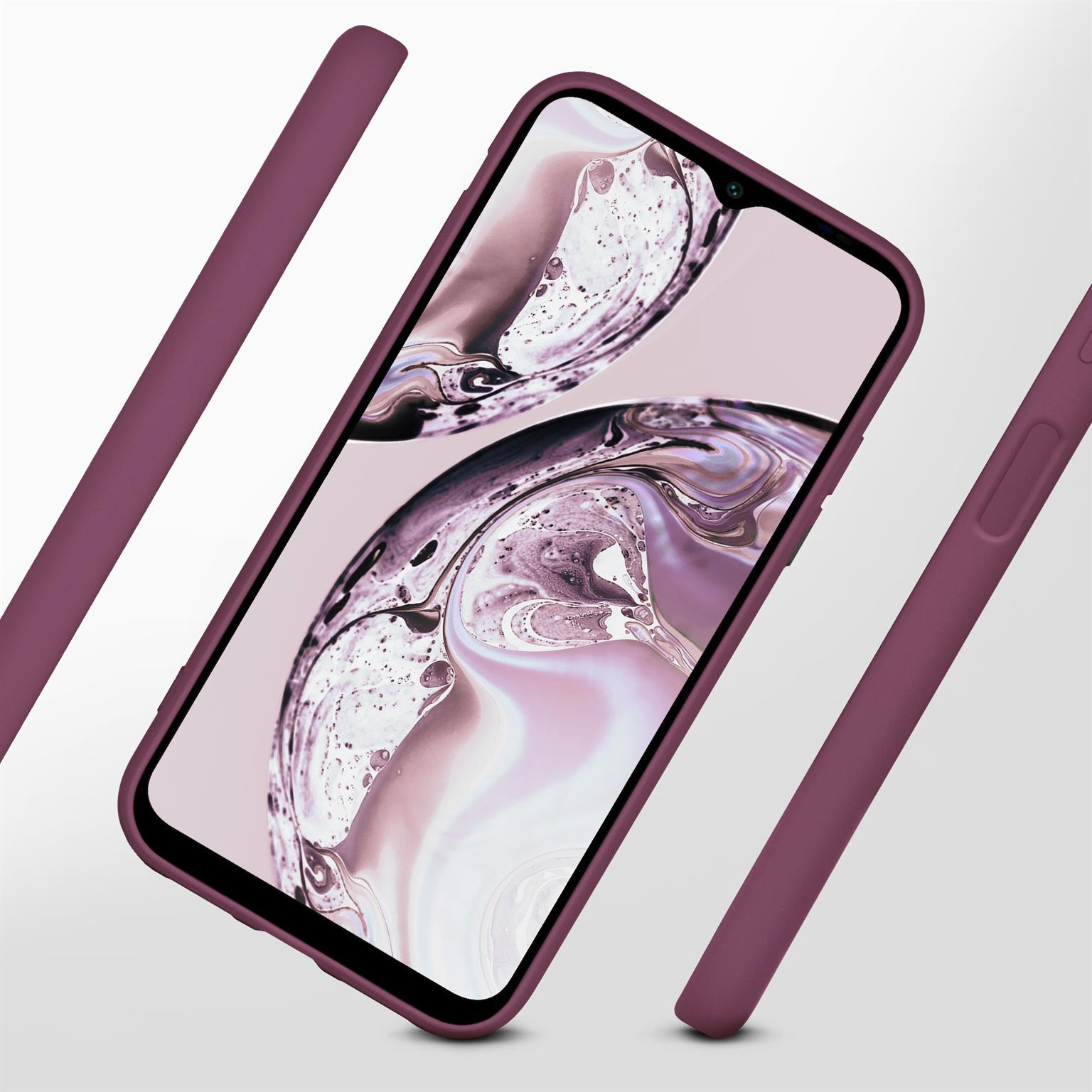 Bordeauxfarbenes Telefon mit Hülle. Das Telefon ist in einer Hülle und zeigt den Bildschirm.