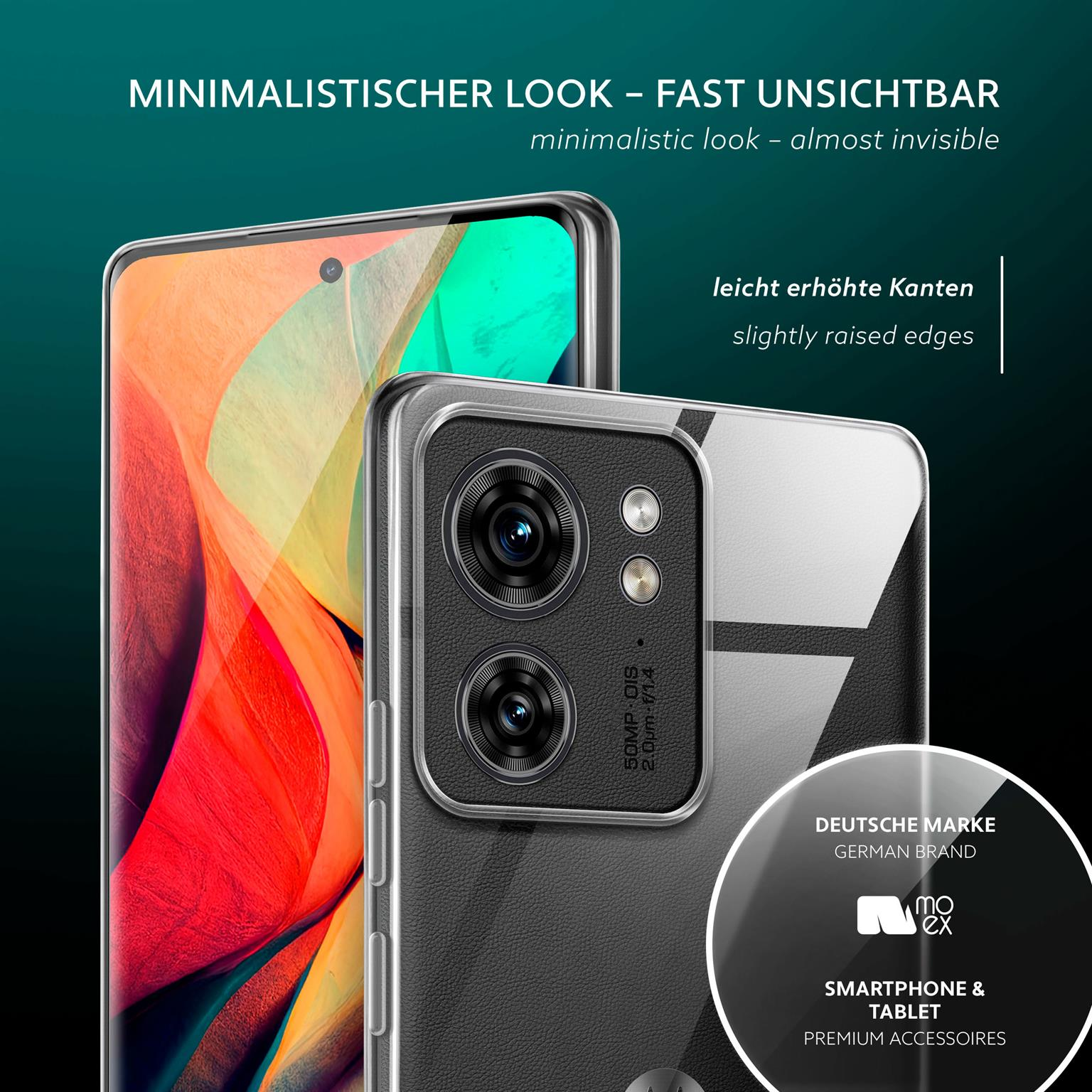 Telefon mit klarer Hülle auf verschwommenem Hintergrund. Die Hülle hat leicht erhöhte Kanten. Deutsches Logo.