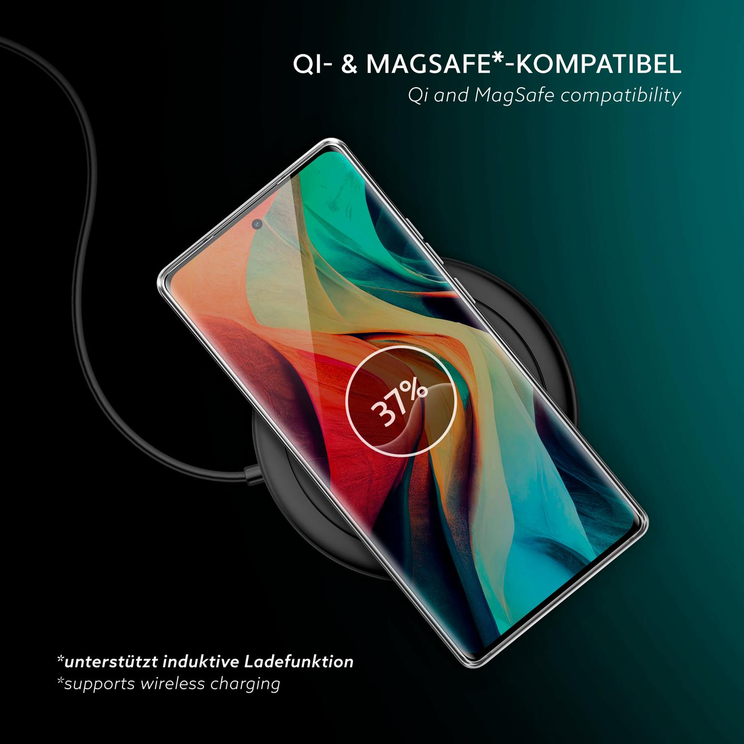 Ein Telefon auf einem kabellosen Ladegerät. Zeigt 37% Ladung.