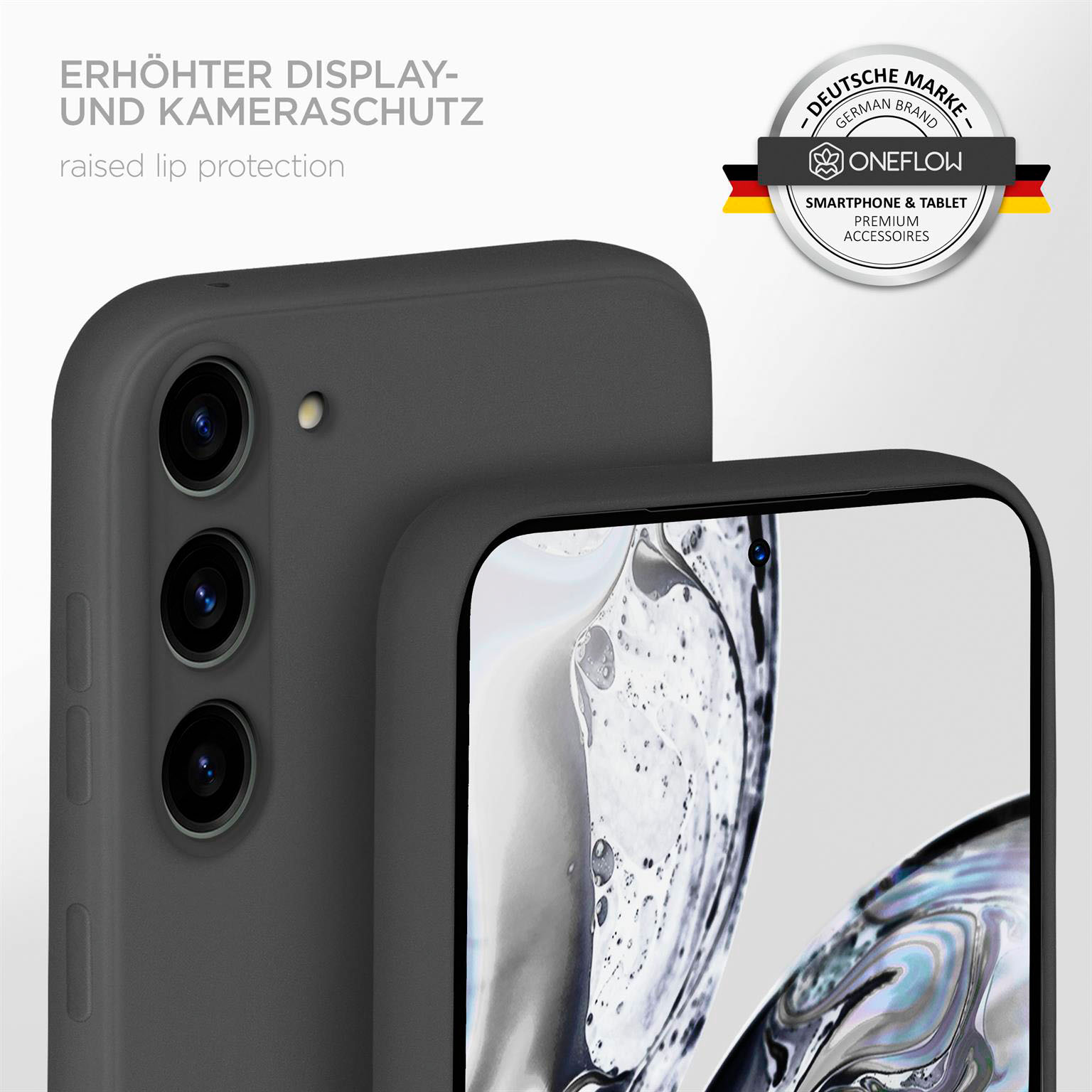 Nahaufnahme einer dunkelgrauen Handyhülle mit erhöhten Kanten.