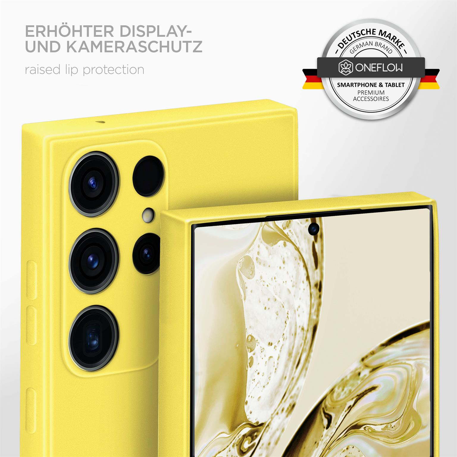 Gelbe Handyhülle und Telefon. Text sagt Display- und Kameraschutz. Der Hintergrund ist gelb.