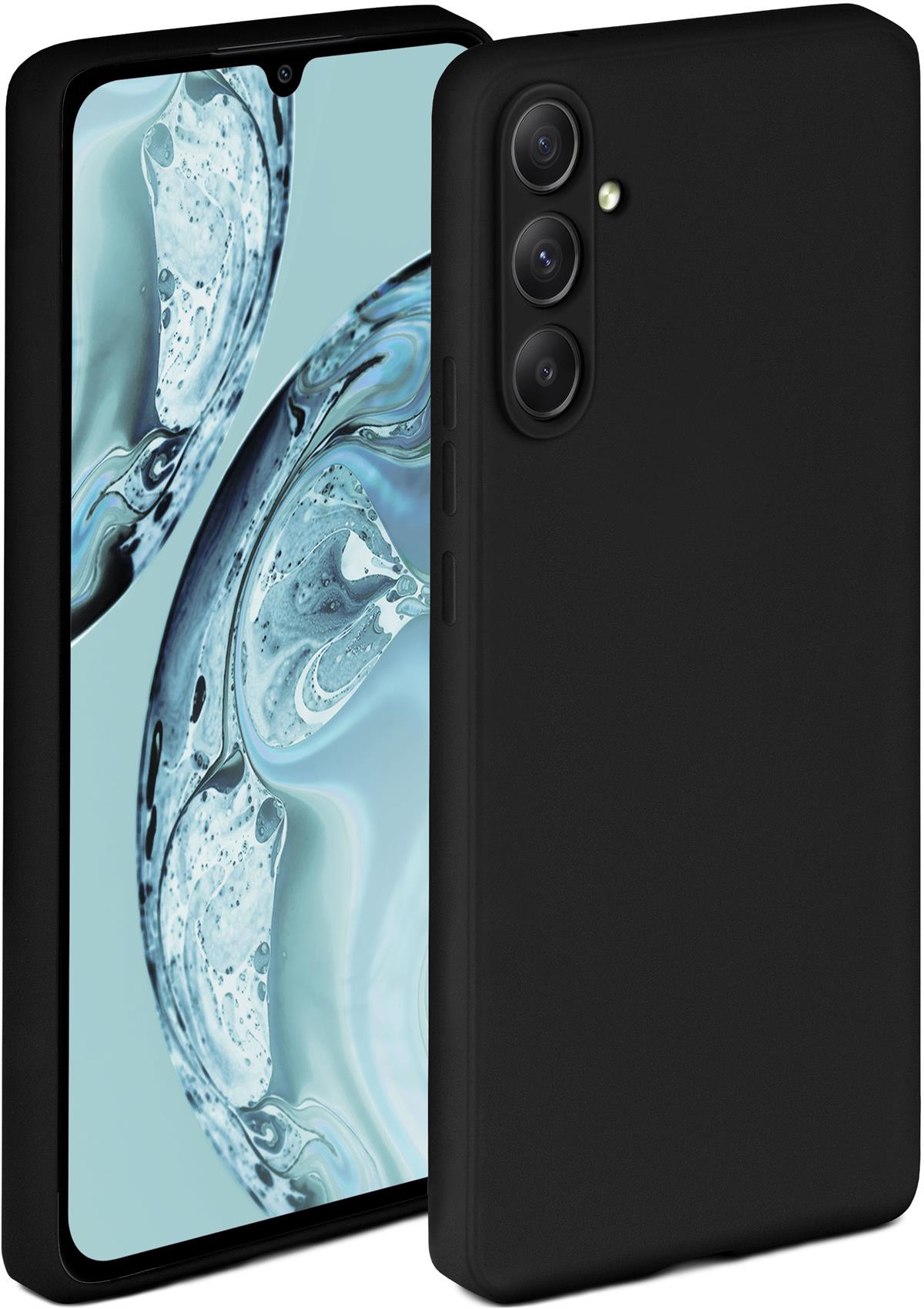 Zwei schwarze Handyhüllen, eine umschließt ein Telefon.