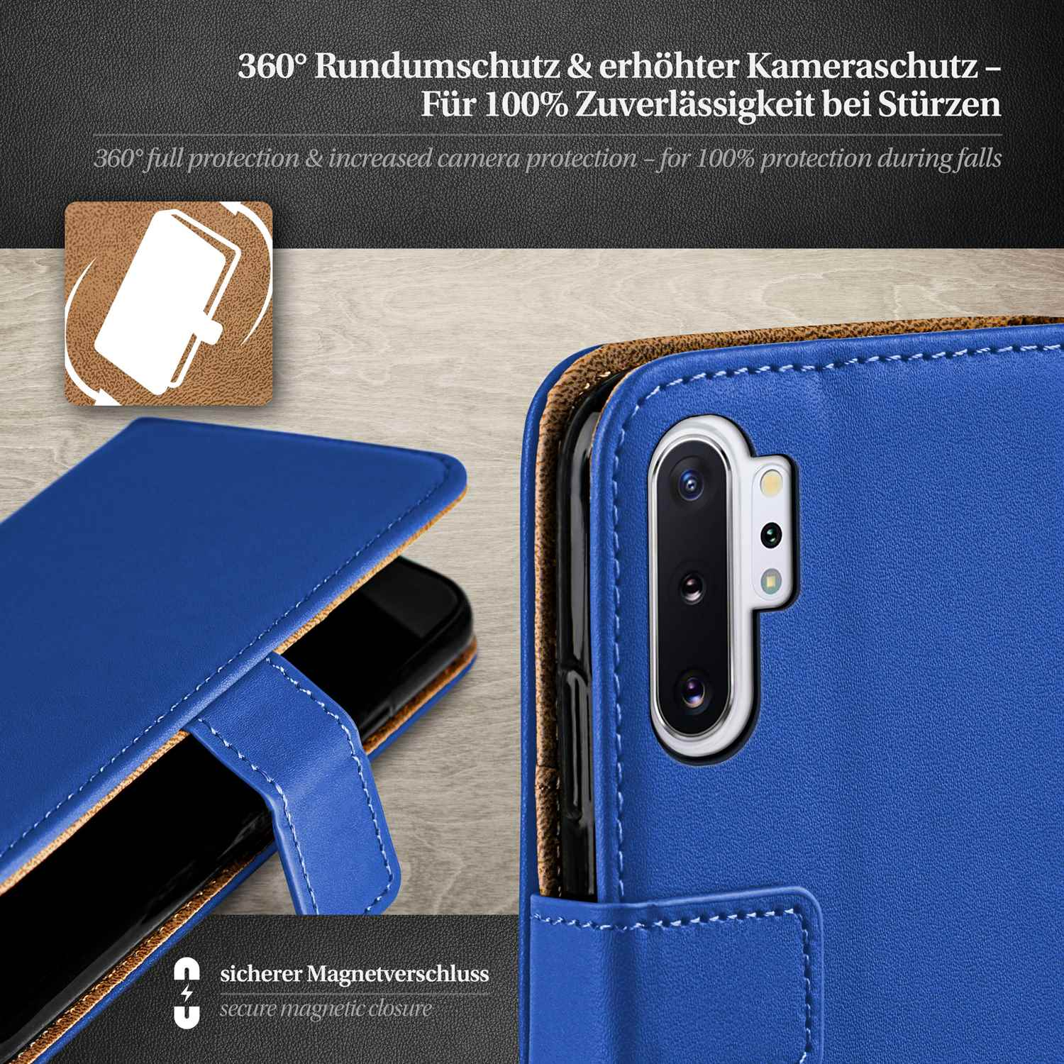 Blaue Leder-Handyhülle mit Telefon. Text über Schutz oben und Magnetverschluss unten.