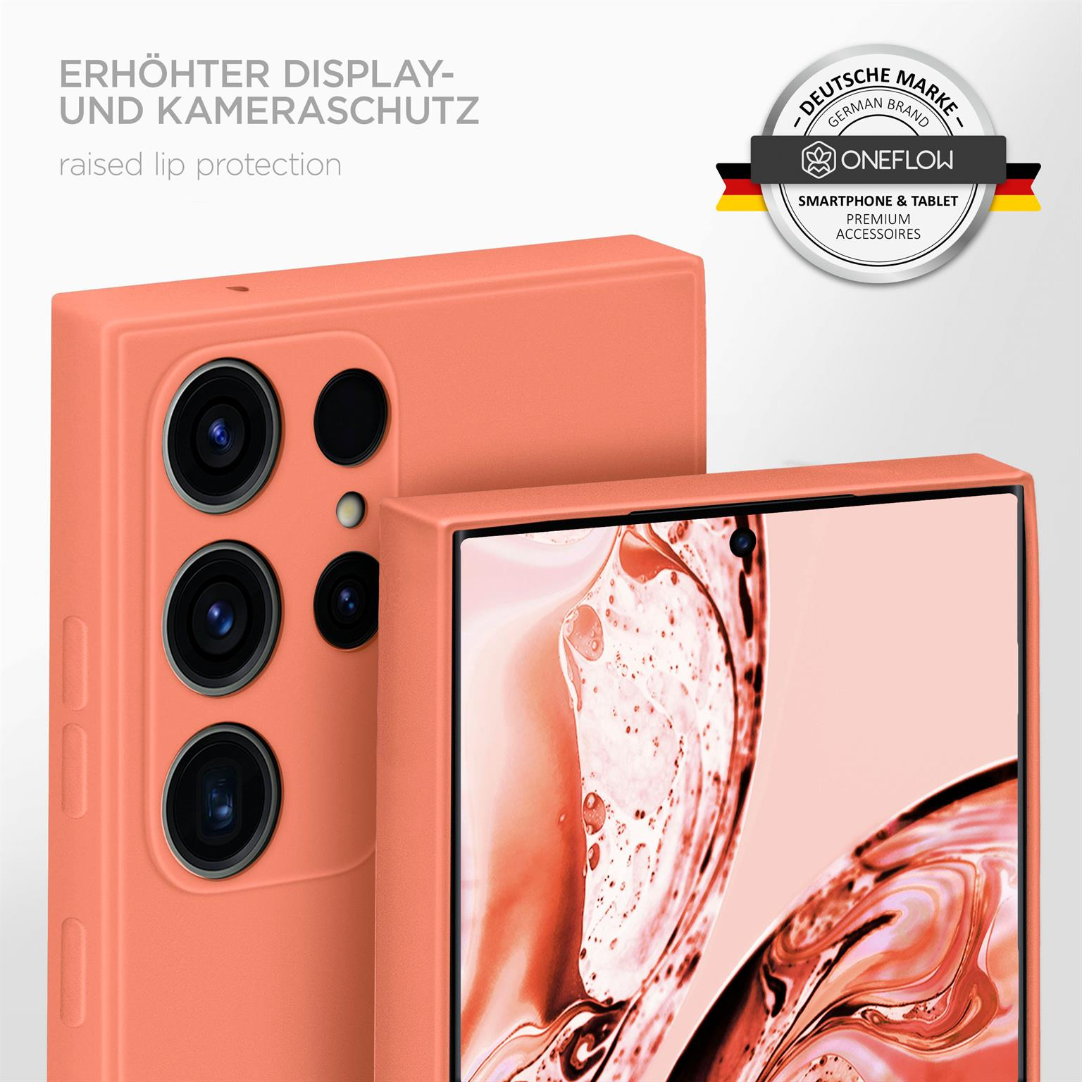 Zwei korallenfarbene Handyhüllen, eine bedeckt ein Telefon. Text: erhöhter Display- und Kameraschutz. Logo: Oneflow.