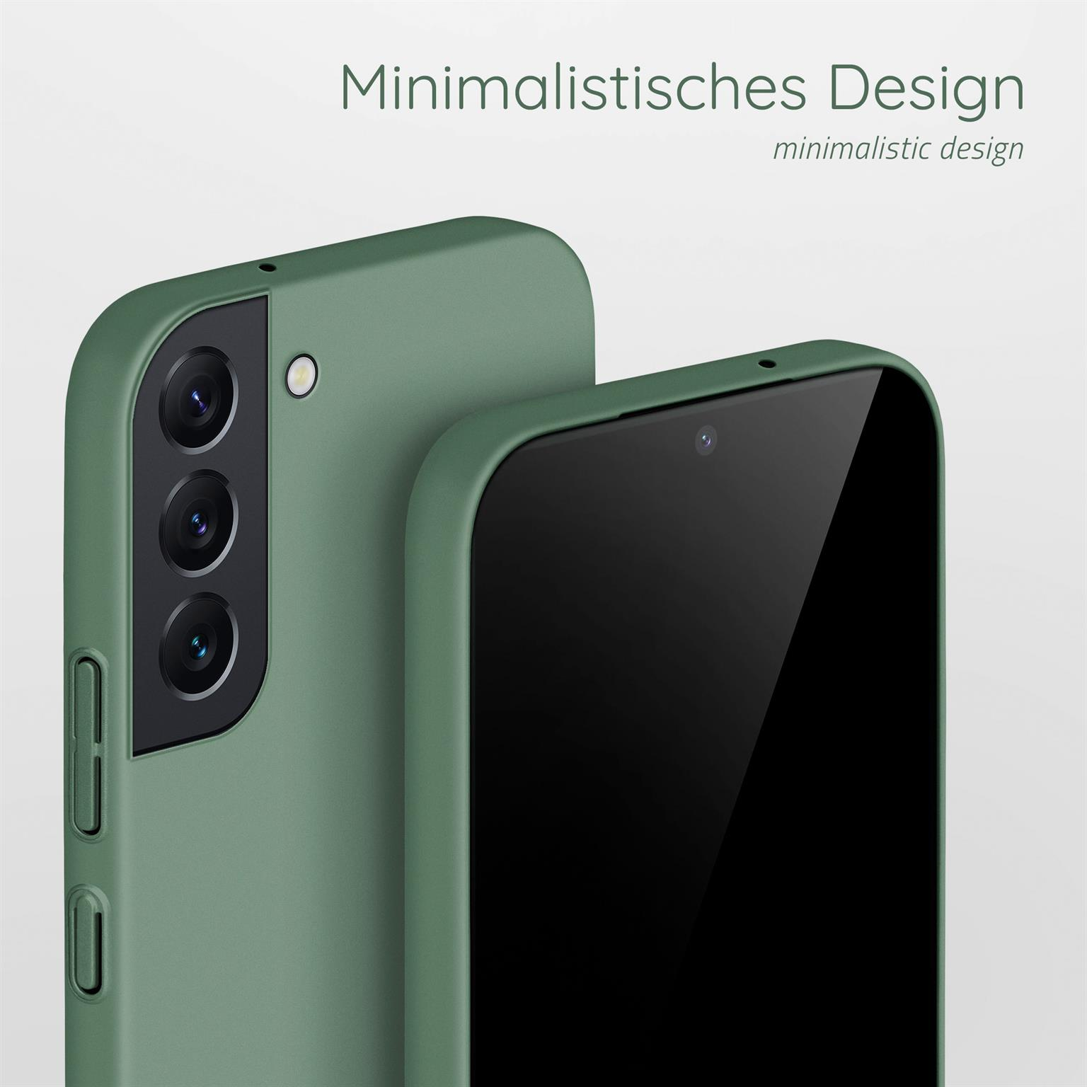 Grünes Telefon, schwarzer Bildschirm, mit sichtbaren Kameralinsen. Text: minimalistisches Design.