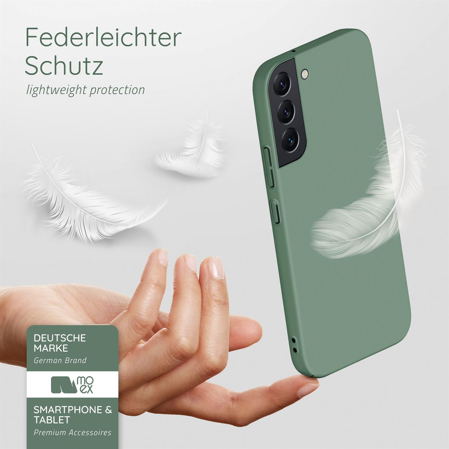 Grüne Handyhülle mit Federn. Text: Federleichter Schutz. Markenlogo links unten.
