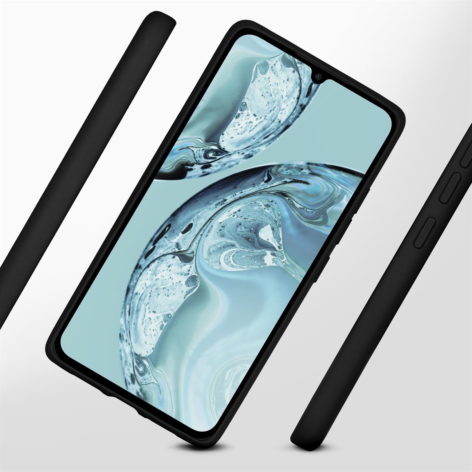 Schwarze Handyhülle in der Mitte. Zwei Balken auf beiden Seiten. Schwarzes Telefon. Weißer Hintergrund.