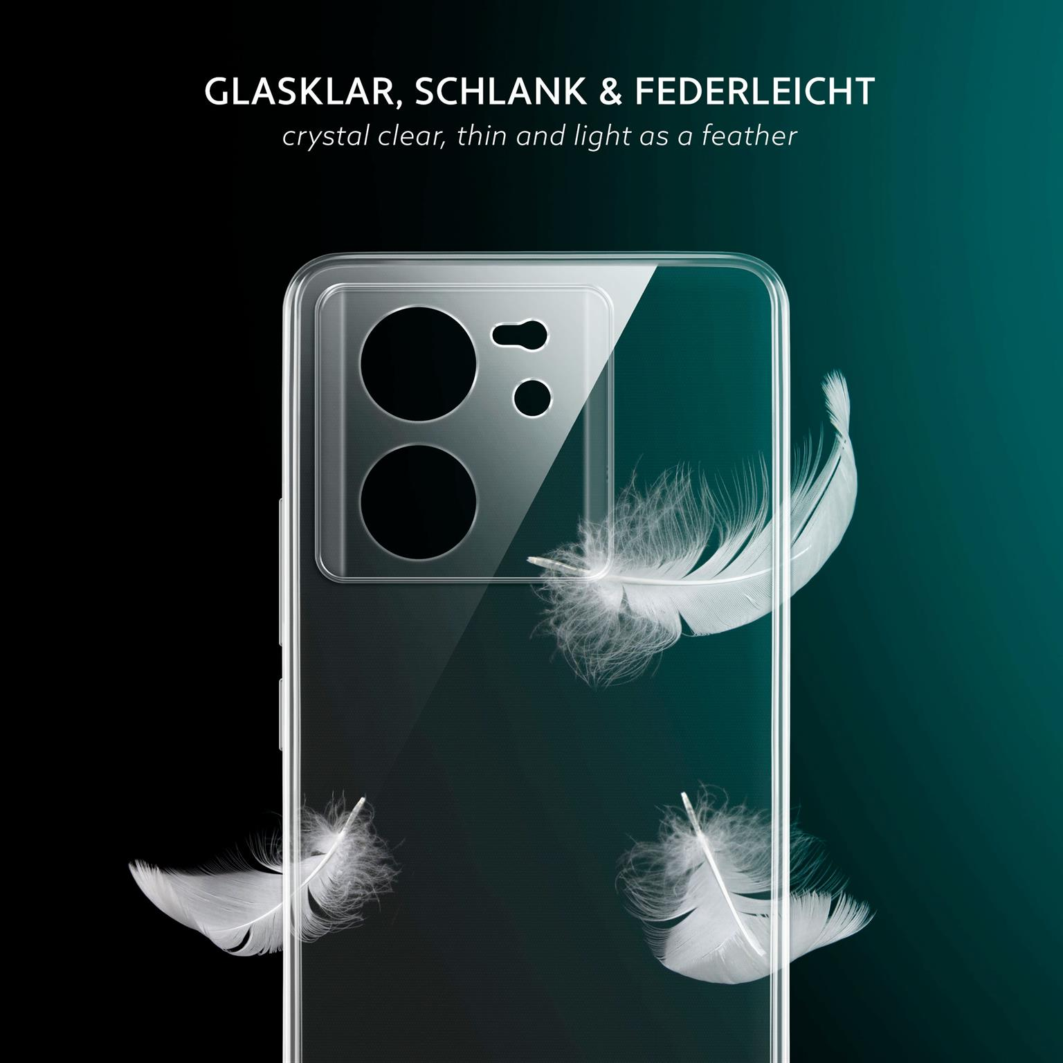Transparente Handyhülle mit Telefon und drei weißen Federn.